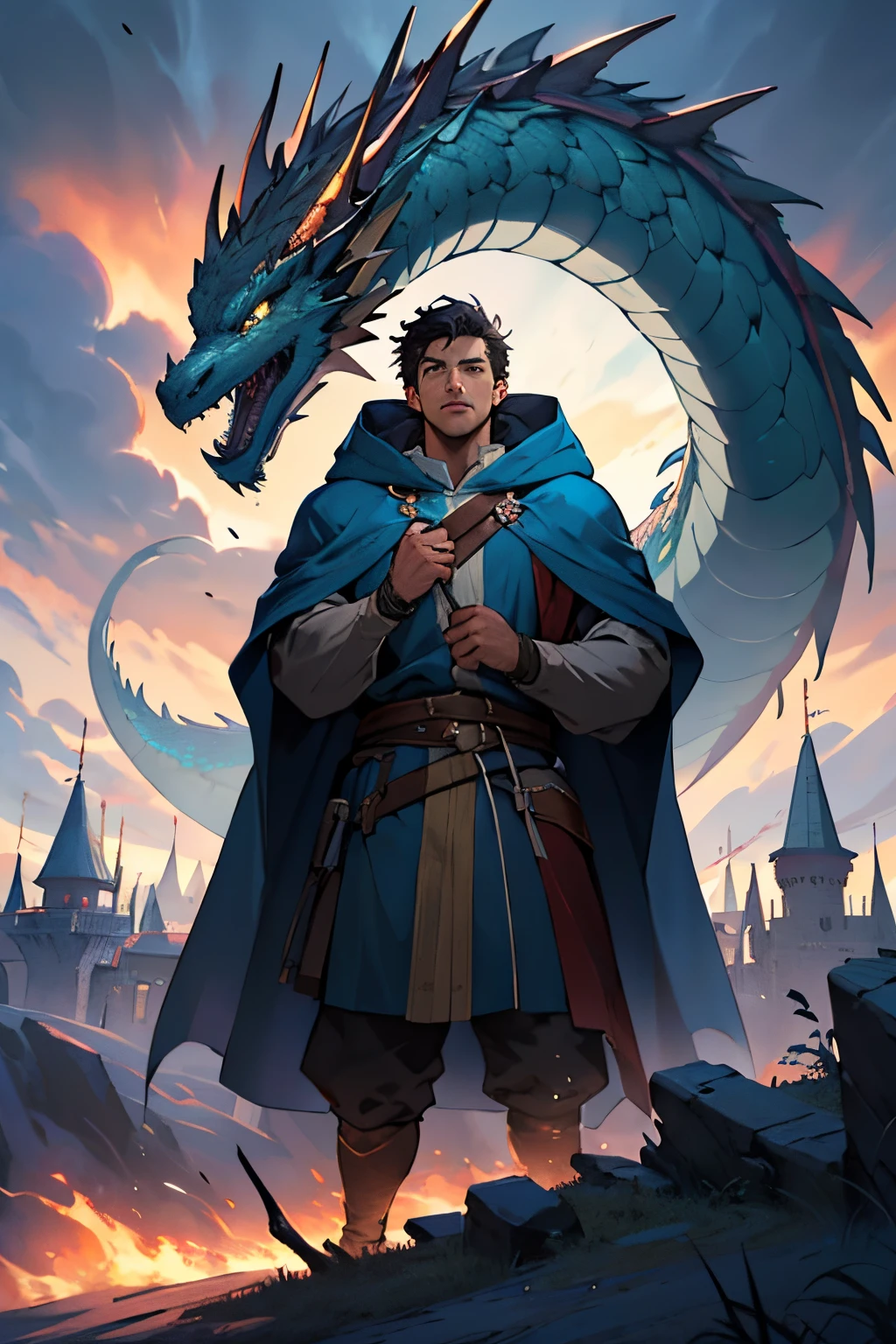 poster, cinematic, young mage, man, wearing blue hood, looking up, top down, destruction background, magical kingdom, medieval, ruined castles, dragons in the sky, inspired by Artgerm