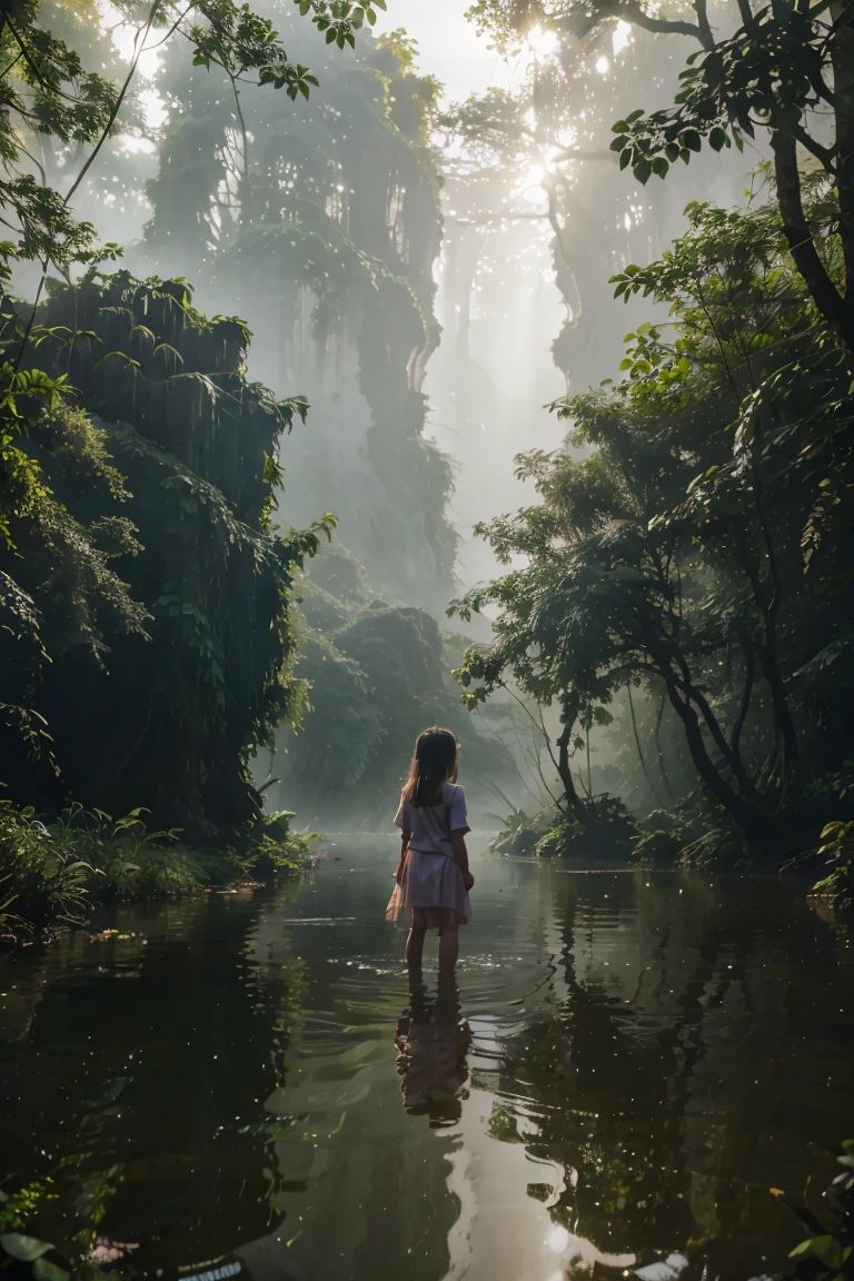 little adventurer girl,river in the fog, mystical forest lagoon, dreamy scene, Indonesia National Geographic, in a serene landscape, Mystical scene, Mysterious lake, Beautiful Vietnamese jungle, mystical setting, beautiful setting, serene environment, Early morning light, stunning atmosphere, morning river, enchanting and otherworldly, lost in a dreamy fairy landscape, lots of flower