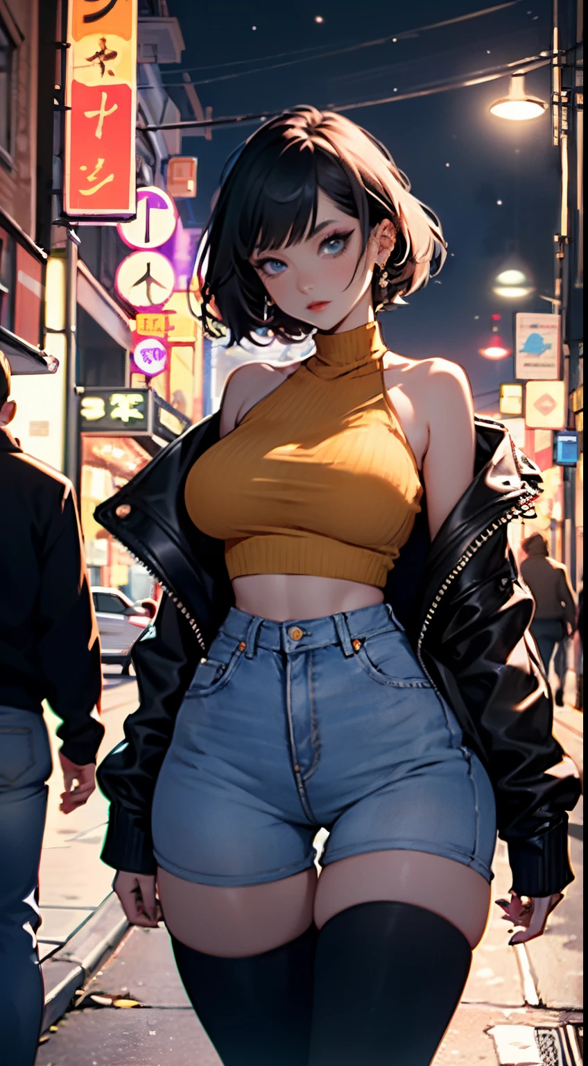 night city , 1 woman , goth woman , tall woman, yellow short hair , blue eyes, makeup , huge breasts , white thin shirt , black off-the-shoulder jacket , wide hips , high waisted short jean pants , long legs wearing black stockings