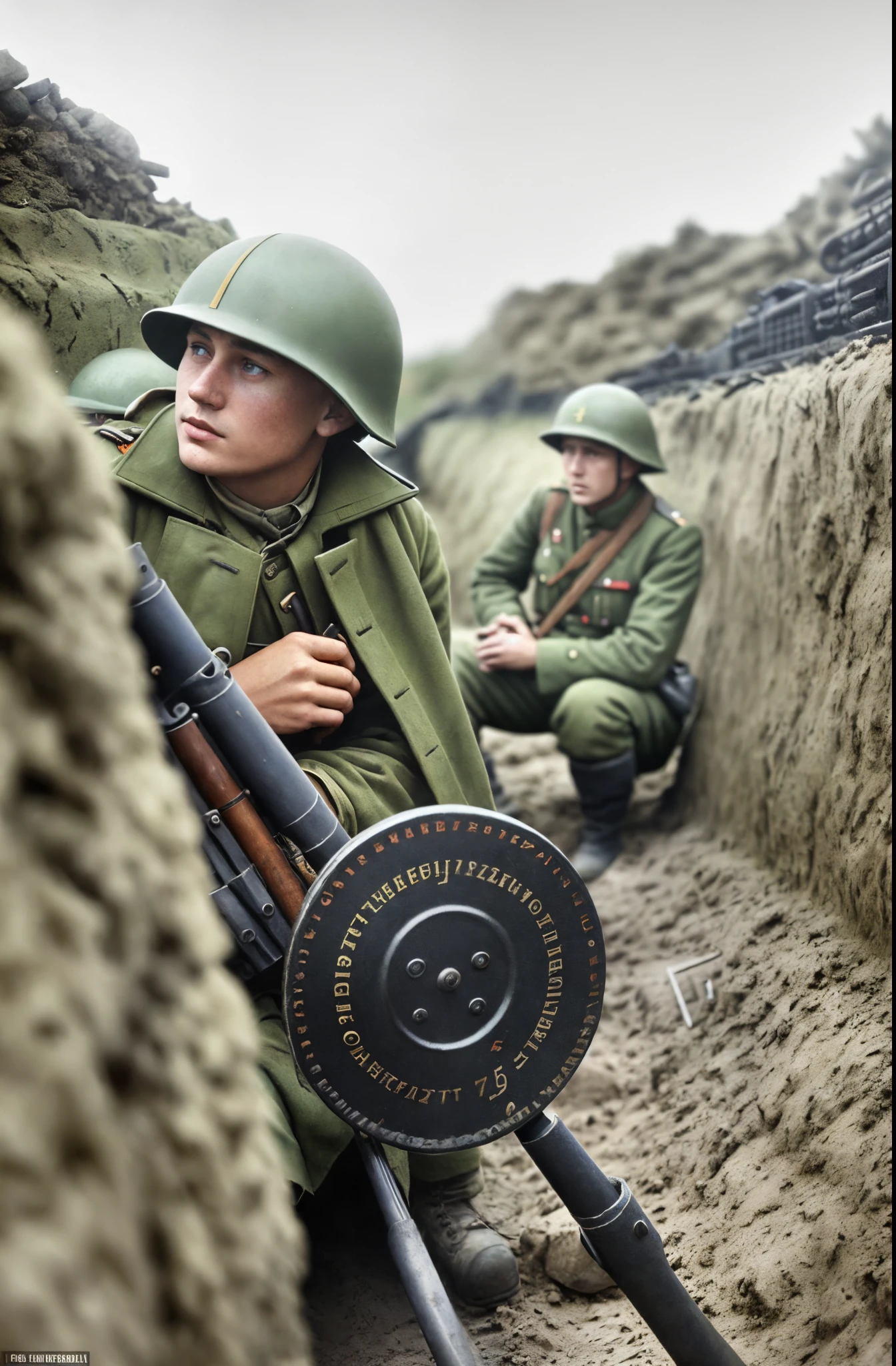 soldiers in a trench with a machine gun and a machine gun, german and soviet soldiers, award winning colorized photo, colourized, in trenches, ww 2 historical photography, ww2 historical photography, russian ww 1, colourised, soviet military, a colorized photo, eastern front, colorized, by Béla Kondor, colorized photograph, wearing russian ww 1 clothes