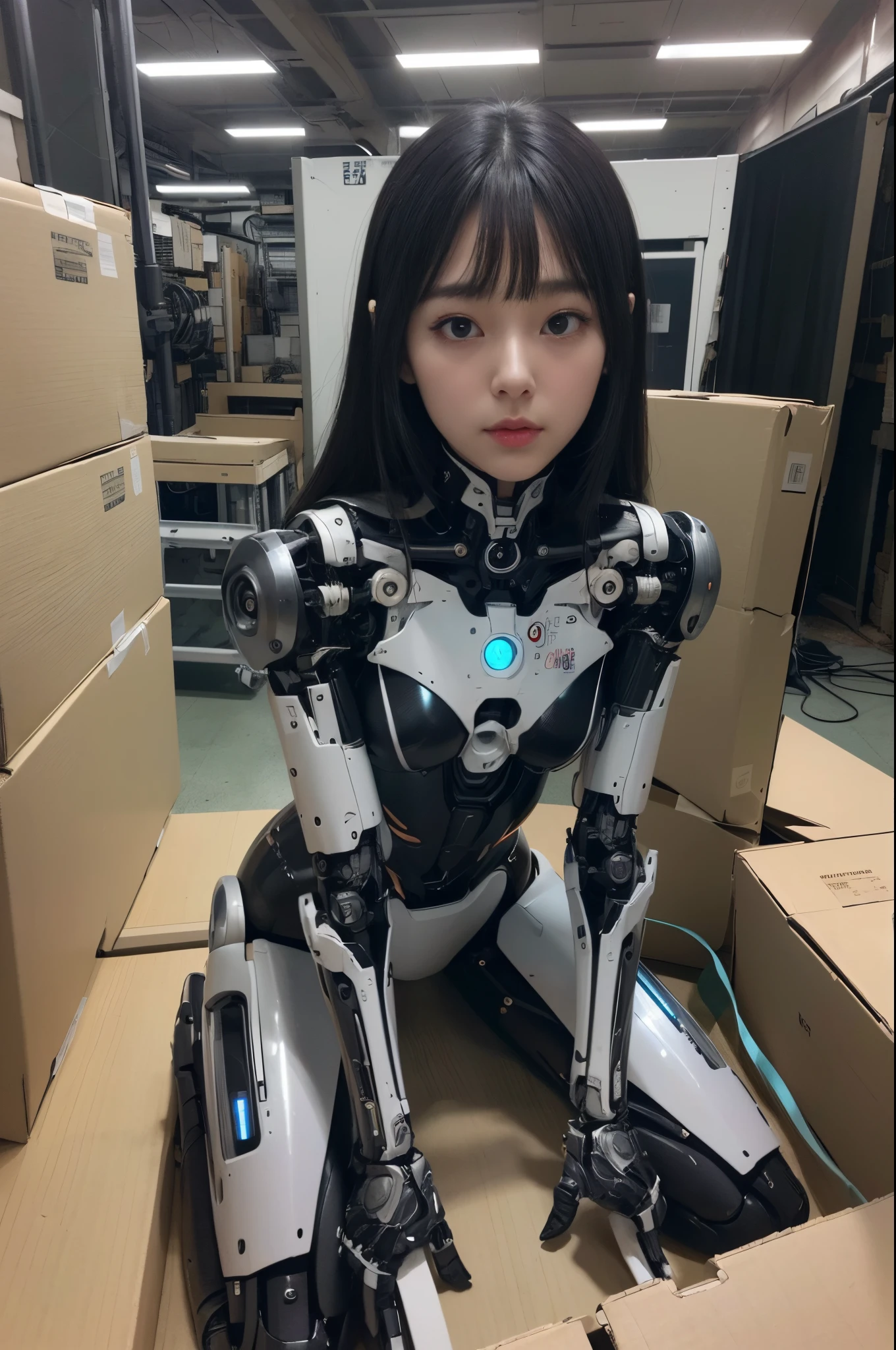 masterpiece, best quality, extremely detailed, (photorealistic:1.4), (RAW photo) (RAW photo) (8K, 4K, Best Quality, hight resolution, 超A high resolution:1.1), (masutepiece, Realistic, Photorealsitic:1.1), 1girl in, Japaese Cyborg girl,Plump , control panels,android,Droid,Mechanical Hand, Robot arms and legs, Black Robot Parts,Black hair,Mechanical body,Blunt bangs,White robotics parts,perfect robot girl,long tube,thick cable connected her neck,ceramic body ,mechanical body, head antenna,short lod antenna on the head,mechanical ear cover, mechanical costume,android,robot,humanoid,cyborg,japanese android woman ,black leggings,mechanical chest,full eyes,future laboratory,connecting a cable between the legs,