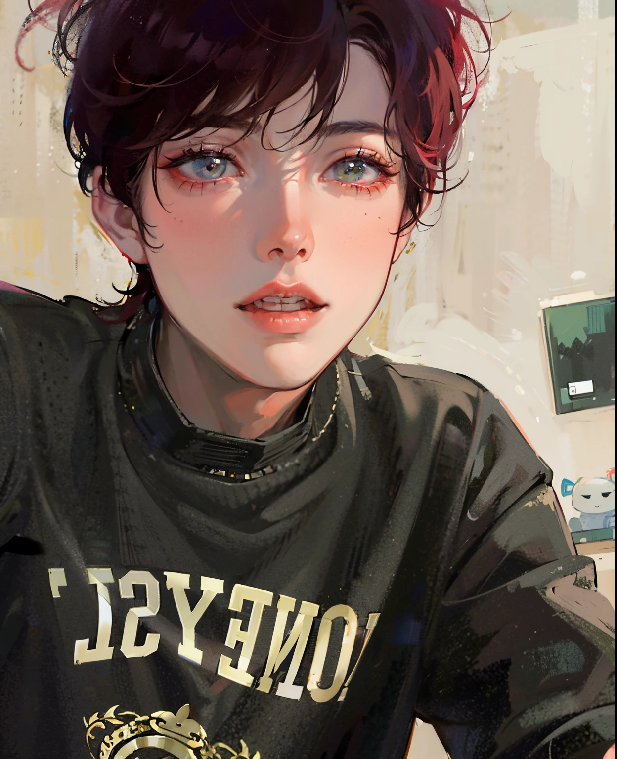 Hombre arafed con cabello rojo y camisa negra con ojos verdes., Ulzzang masculino, Cai Xukun, Jung Jaehyun, Jinyoung Shin, Yanjun Chengt, inspirado por Yanjun Cheng, Kim Doyoung, ulzzang, Aesthetics of Jinyoung Shin, his eyes are red and glowing, Hong June Hyung, Wan adorable cara coreana