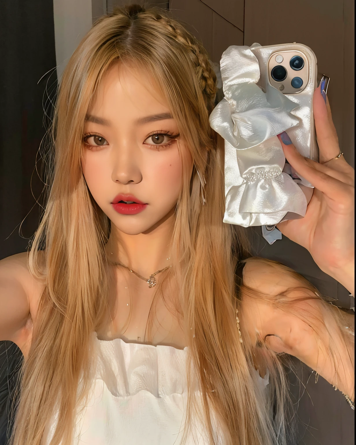 There's a girl who's taking a selfie with her cell phone, Blackpink Jennie, Cl, con pelo largo blanco, El Corte Hime, Retrato de Jennie de Blackpink, Peinado blanco de corte hime.
