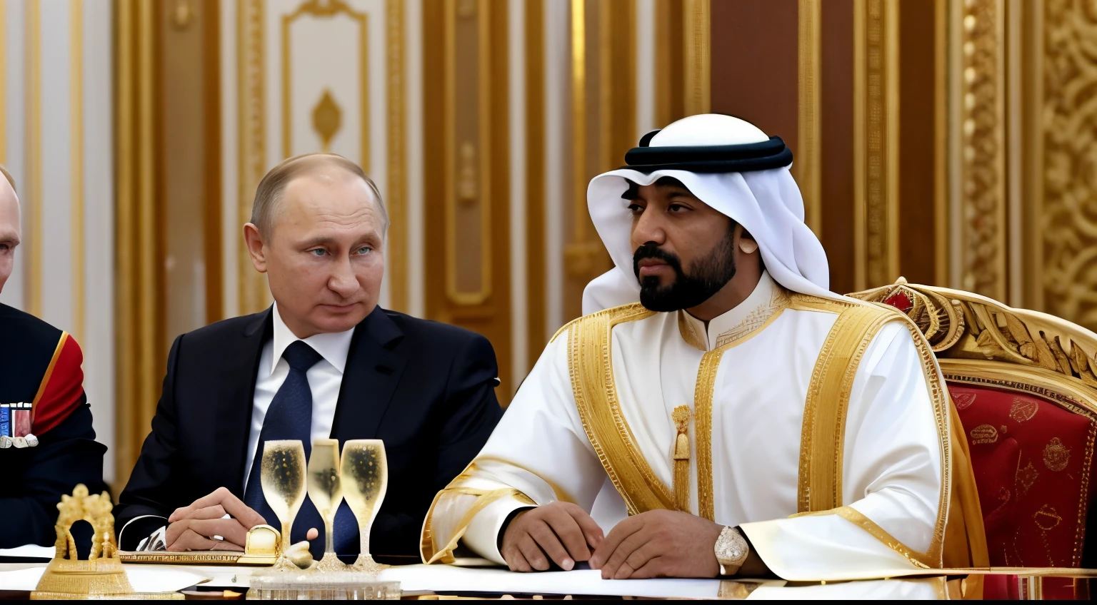 closeup of king of dubai walking next to vladimir putin in a very elegant palace