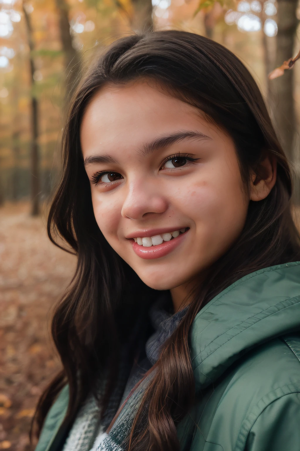 Iphone camera style, closeup selfie of 15yo Olivia Rodrigo with (acne) and ruffled hair dressed in coat making casual selfie in autumn forest, fog, smile:0.8, detailed skin texture, (highly detailed skin), skin pores, blurred background, film grain