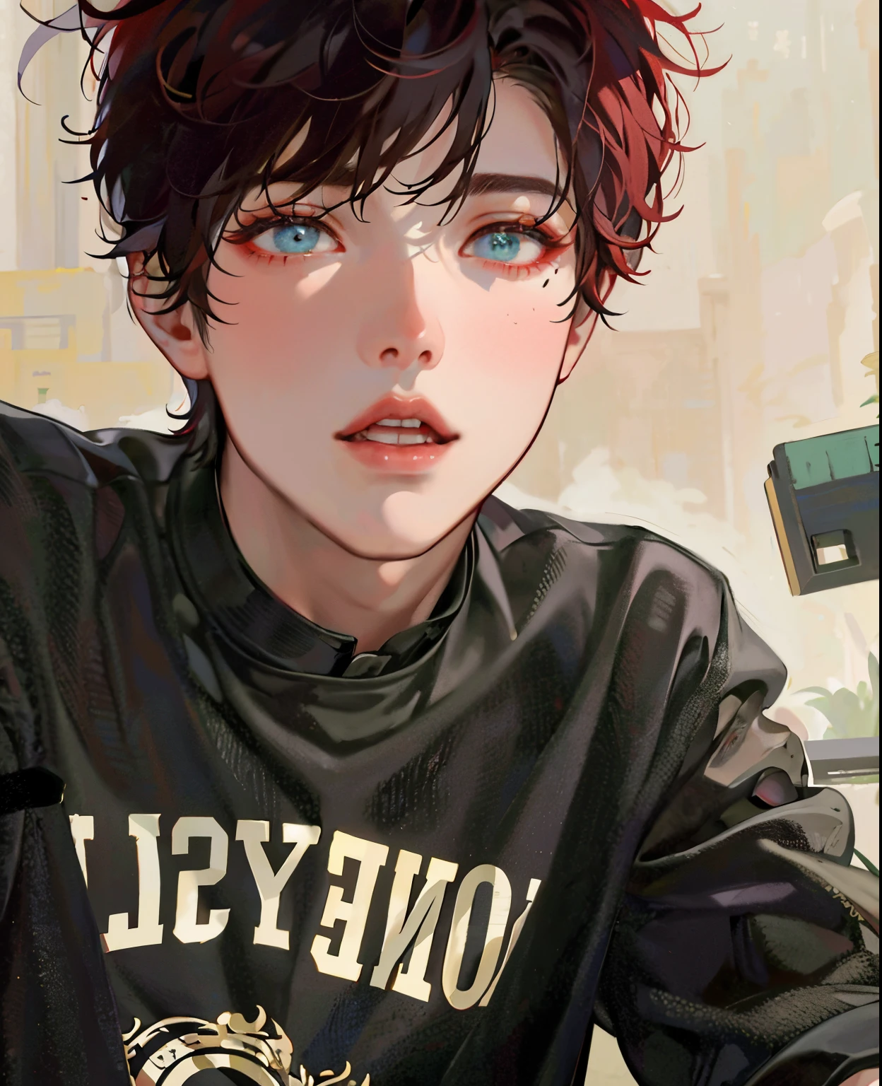 Hombre arafed con cabello rojo y camisa negra con ojos verdes., Ulzzang masculino, Cai Xukun, Jung Jaehyun, Jinyoung Shin, Yanjun Chengt, inspirado por Yanjun Cheng, Kim Doyoung, ulzzang, Aesthetics of Jinyoung Shin, his eyes are red and glowing, Hong June Hyung, Wan adorable cara coreana