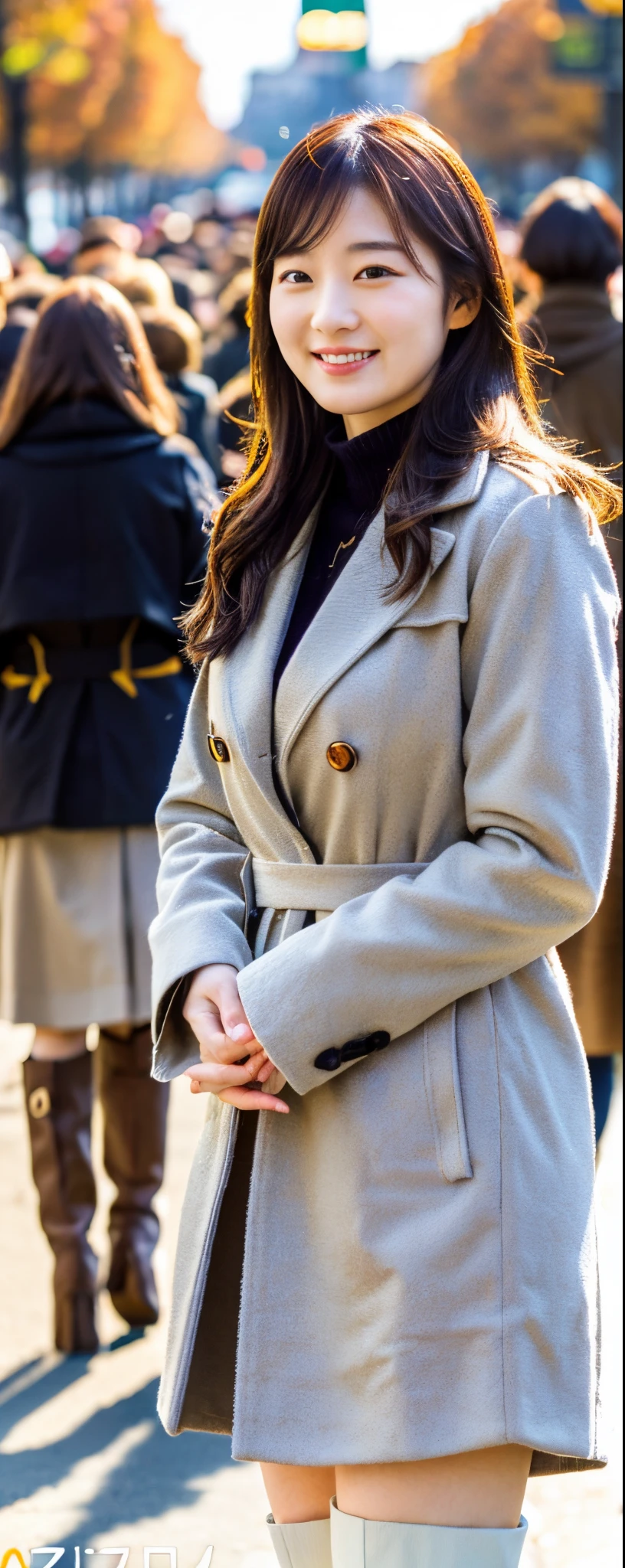(8k, RAW photos, top quality, masterpiece: 1.2, ultra detailed, super resolution, real photos: 1.37), (Full body photo), 1 noble elegant Japanese lady, (standing contrapposte), ((pale color coodinate amber peach light brown other color, wearing over-size grey winter coat, beige long skirt, inner turtleneck shirt, black tights, wearing long boots)), Shiny, Smile, Looks like 1.75 meters tall, large pelvis, Large breasts, big cuvy hips, Thin waist, Long legs, skin hyper-detail, 20 years old, Perfect face, (Detailed facial features), Wavy hair, Daylight, autumn season, center of street, crowd of people,