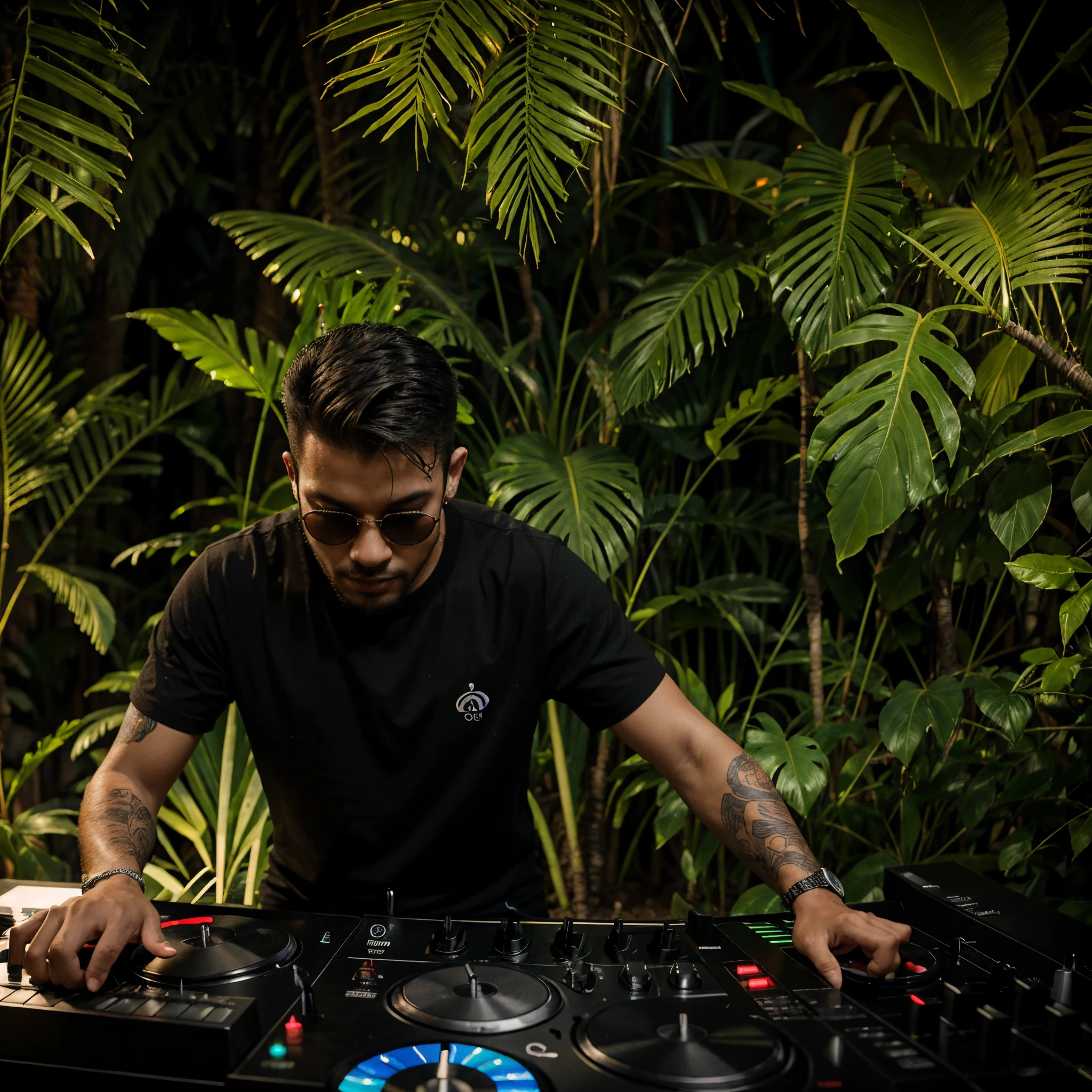 sharp man in a black shirt playing music on a DJ deck, DJ em uma festa, DJ, Conjunto de DJ, DJING com toca-discos DJ, tocando techno house music, music being played, in a deep lush jungle at night, "House Music delira com bailarinos, vibing to music, artistic pose, em um ambiente de selva, Festa DJ Rave