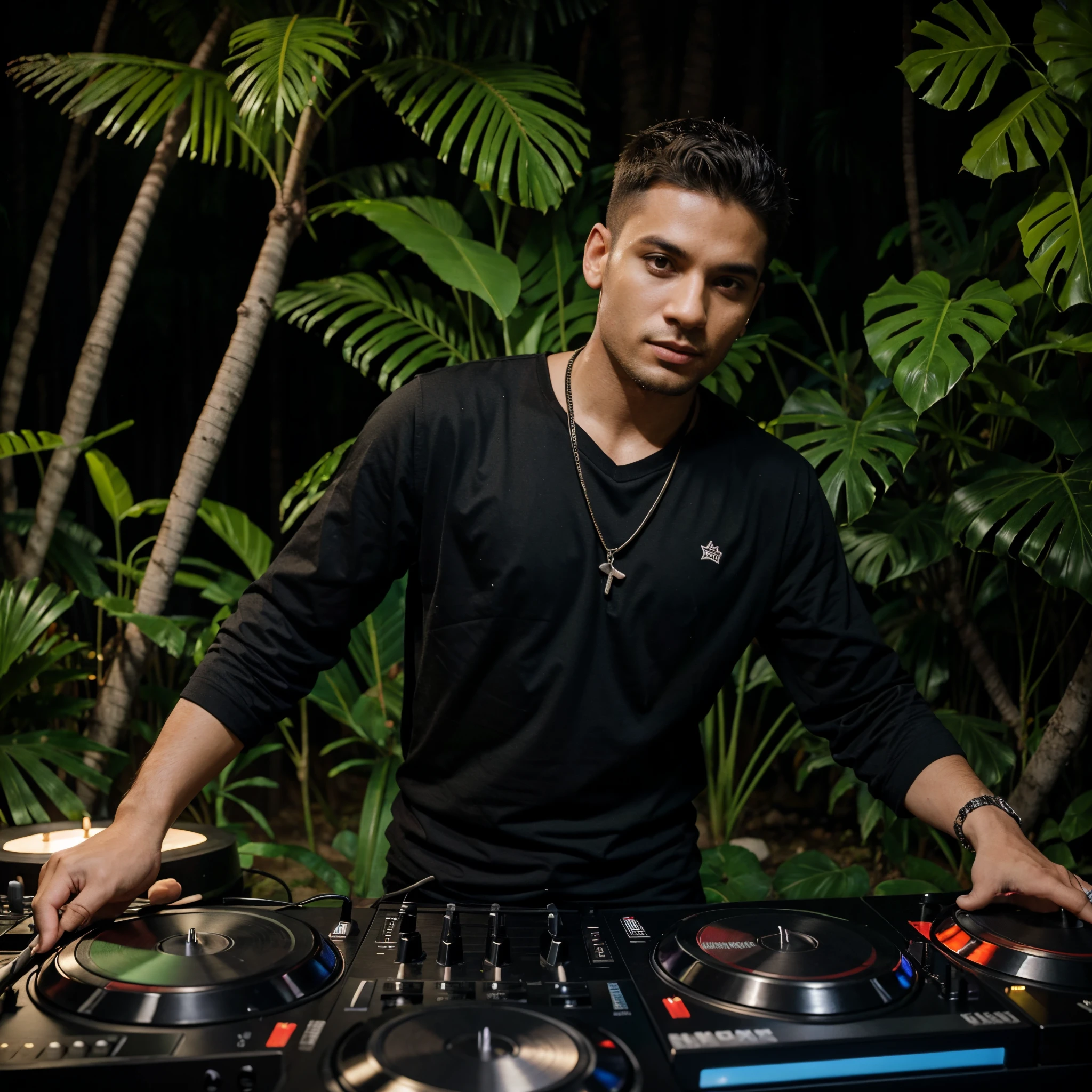 sharp man in a black shirt playing music on a DJ deck, DJ em uma festa, DJ, Conjunto de DJ, DJING com toca-discos DJ, tocando techno house music, music being played, in a deep lush jungle at night, "House Music delira com bailarinos, vibing to music, artistic pose, em um ambiente de selva, Festa DJ Rave