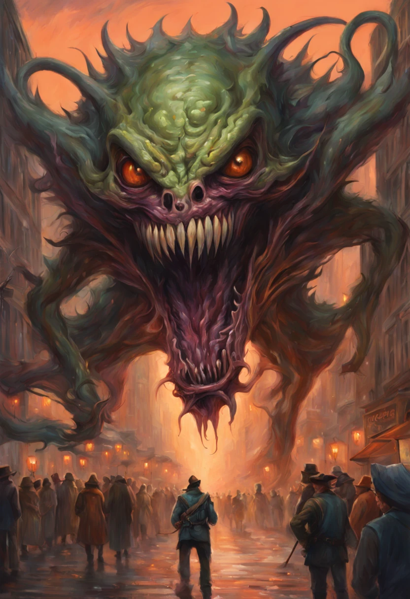 A horrifying sorcerer, with a twisted sense of humor, comes to life in this engrossing artwork. The full body depiction showcases a xenomorphic monster, complete with wildly expressive eyes, menacing fangs, and dribbling drool. Its pastel palette of orange, peach, beige, ivory, violet, pink, and green lends an eerie yet strangely captivating ambiance to the image. Although unconventional, this painting successfully combines fear and humor, leaving viewers unsettled yet intrigued walking down a new york street with a crowd of people looking at him with open mouth drama. The level of detail and artistry in this image is exceptional, capturing the terrifying essence of the sorcerer while maintaining a whimsical allure, professional photography,unreal engine 5.2
