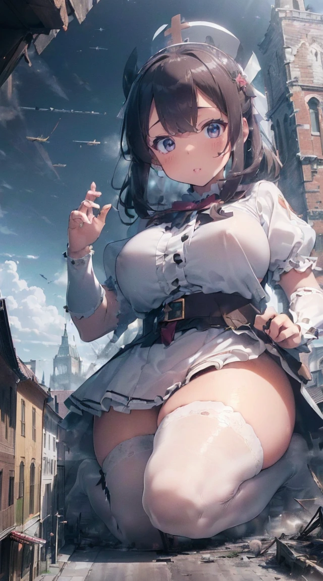 ((((((Reaching Out 1.3)))))),(((((A city in ruins at your feet))))),((((Kneeling)))),Fantastic,long legged,(((A Princess))),(((((Full body depiction))))),((((Randomly sexy poses)))),((((Beautiful soles))))、((((Five fingers on a beautiful sole)))),Big Chest Ribbon,((Teary-eyed)),((((((Colossal tits)))))),((embarrassed from)),Blushing,(((((((Big girl sitting on the roof of the church beyond the tower))))))),((((lowfers)))),the Extremely Detailed CG Unity 8K Wallpapers,top-quality,ultra-detailliert,masterpiece,realisitic,Photo Real,Bright lighting,extremely detailed cute girl,18year old,Innocent big eyes,A detailed eye,(Silvery hair),(shorth hair),(bangss),flawless skin,shinny skin,fair white skin,Fine skin,((((large full breasts)))),((((((plump thighs)))))),((perfect anatomia,nice hand,perfect hand,Five fingers connected to the palm of the hand,accurate hands without incongruity)),Show off panties、pantyshot、(((Super Huge Girl Cute Princess Dress Costume、white colors)))、(((knee high socks))),front facing,(fumo),(fires),(((Rubble Town)))、Ground cracking,