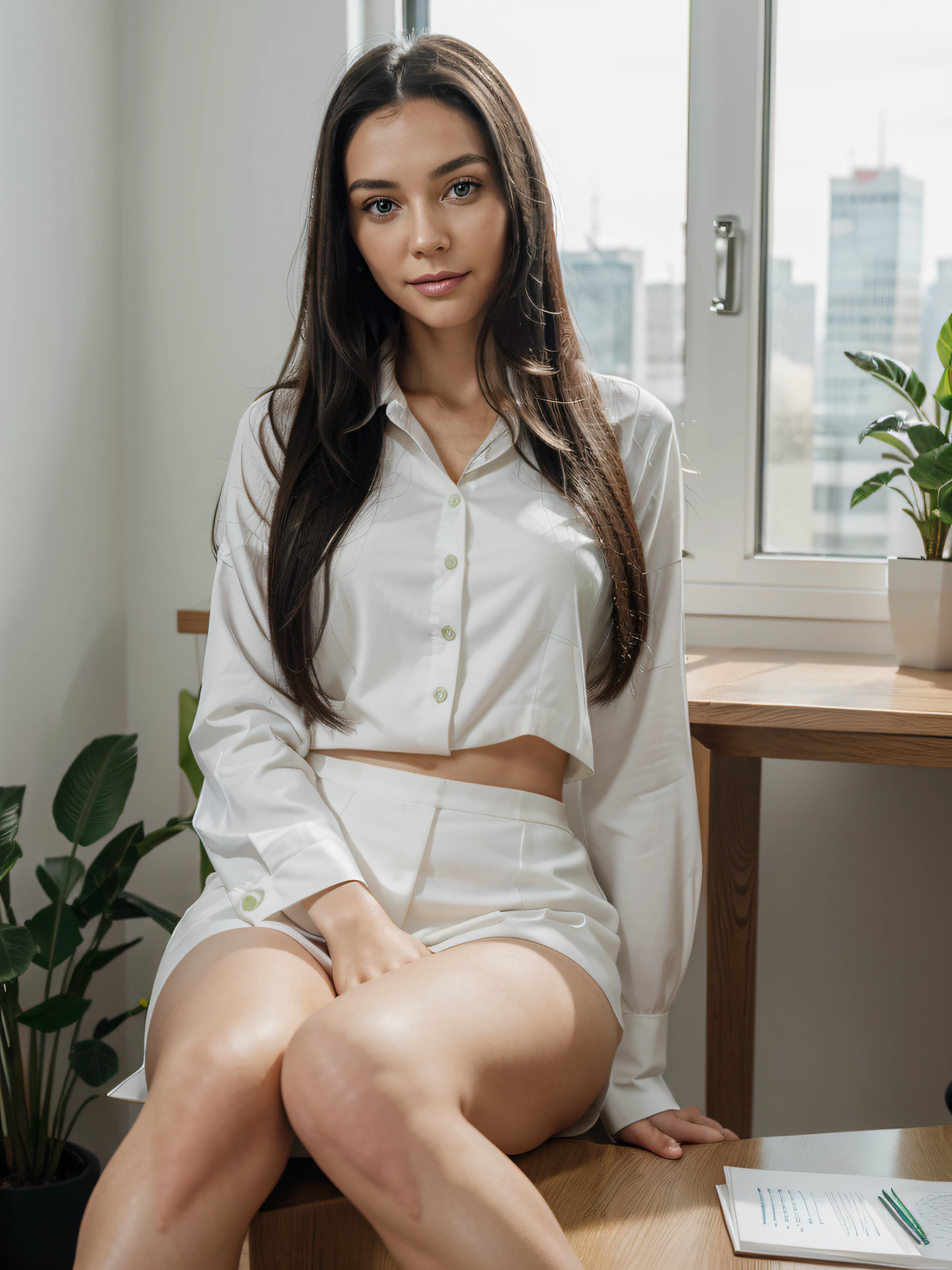 Young woman around 30, Businesswoman, Black long hair, Green eyes, A slight smile on his face, sitting in a relaxed position in the office at the table in the center of the composition, in a white business suit, topquality, high detail, hyper realisitc, Hyperreal photo of, cinematic quality, high detail,