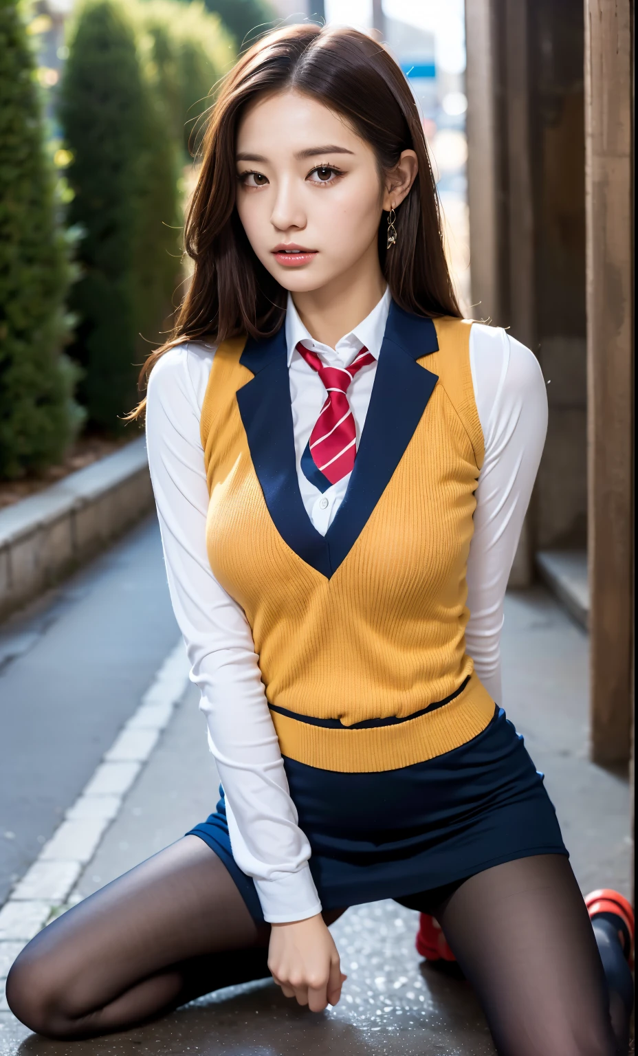 ulzzang-6500-v1.1, (Raw foto:1.2), (Photorealistic:1.4), Beautiful detailed girl, very detailed eyes and face, Beautiful detailed eyes, Ridiculous, Unbelievably ridiculous., huge file size, A highly detailed, high resolucion, Very detailed, Best Quality, Masterpiece, Chemomimi, ((Japanese girls' high school uniform)), Illustration, Very detailed, BAPV, integrated, 8K wallpaper, amazing, Fine details, Masterpiece, Best Quality, Highly detailed YTD uniform 8k wallpaper, light on the face, Cinematic lighting, 1Girl, yo, (()), ((Dynamic Pose))), (camel toes), (half), (Pantyhose), (Kneeling and sitting with your legs bent))