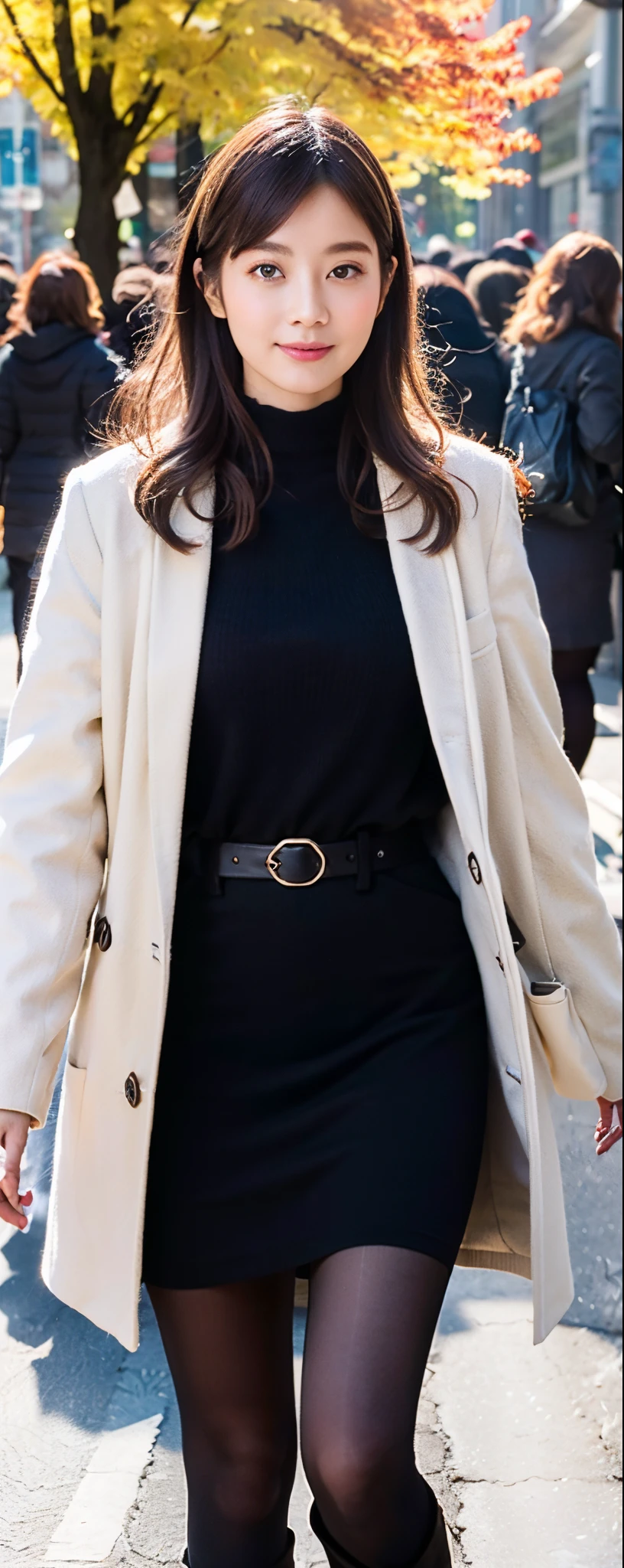 (8k, RAW photos, top quality, masterpiece: 1.2, ultra detailed, super resolution, real photos: 1.37), (Full body photo), 1 noble elegant Japanese lady, (standing contrapposte), ((pale color coodinate amber peach light brown other color, wearing over-size winter coat, beige long skirt, winter scarf black tights, wearing long boots)), Shiny, Smile, Looks like 1.8 meters tall, large pelvis, Large breasts, big cuvy hips, Thin waist, Long legs, skin hyper-detail, 20 years old, Perfect face, (Detailed facial features), Wavy hair, Daylight, autumn season, center of street, crowd of people,
