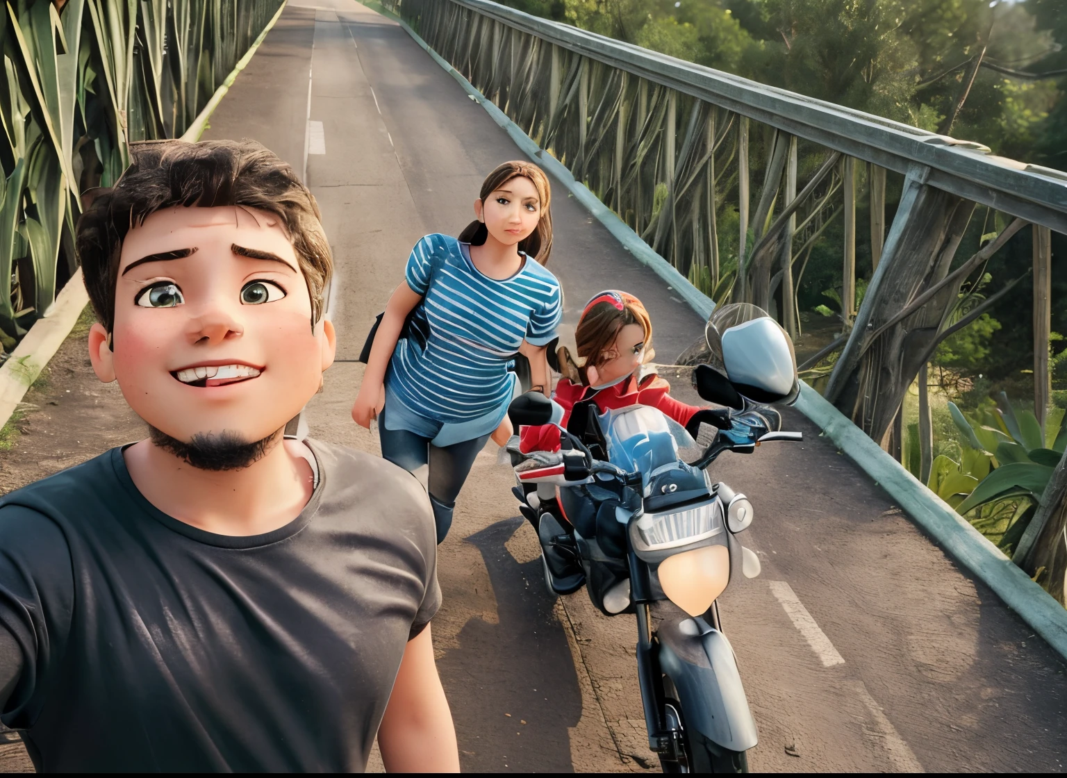 Realistic high quality 3D desney type look like original face front person is boy and second person is girl and second person near motor bike only have two persons and girl have a hair a bag on the motor bike and white tshart girl have a boobs girl is chubby clear image