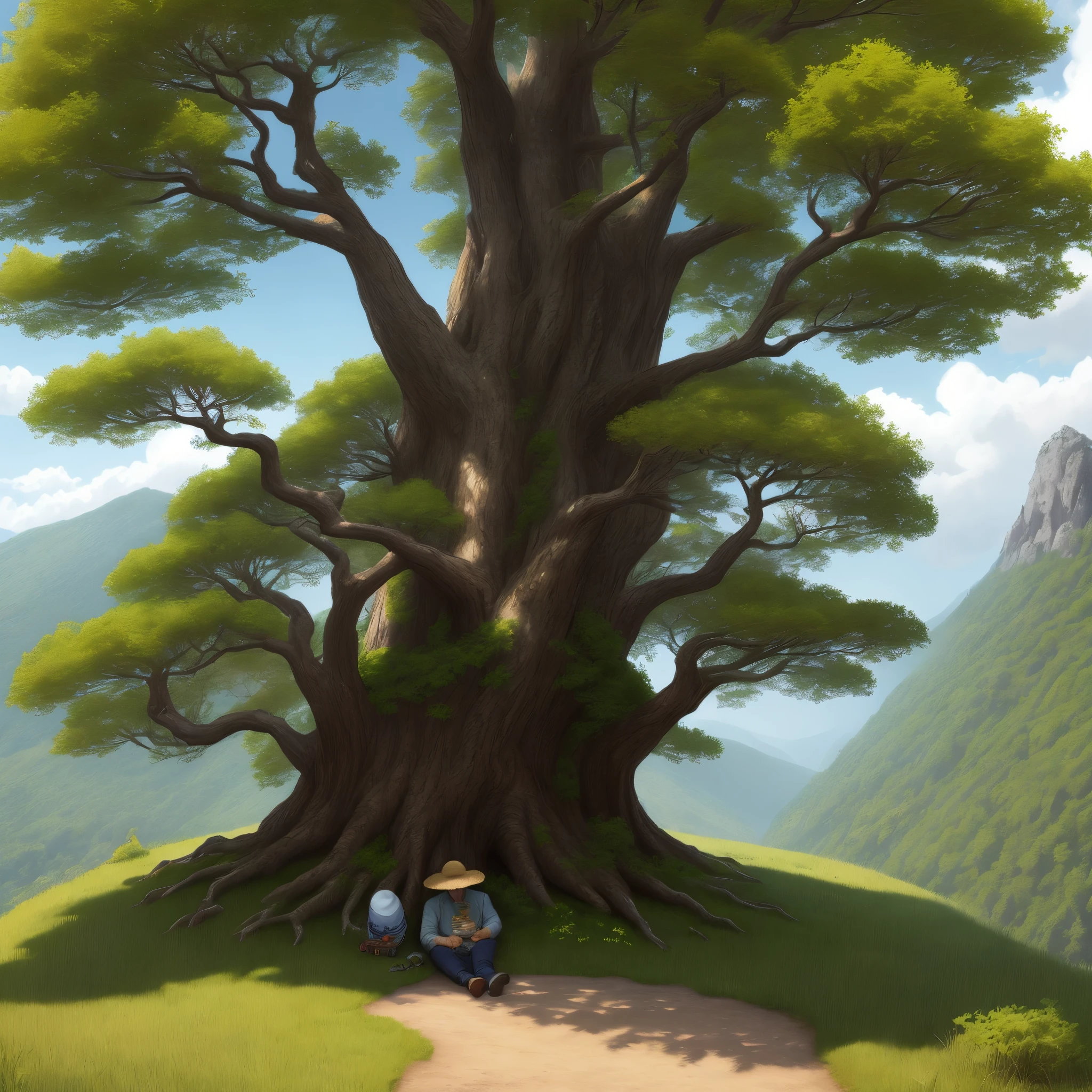 Paint a huge tree in the middle of a mountain near a bridle path, con muchos monos jugando en sus ramas. Under the tree there is a man with his straw hat taking a nap. Alrededor estas sus mulas de carga comiendo hierbas.