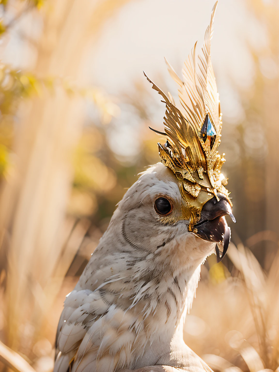 there is a white bird with a golden crown that shines so bright