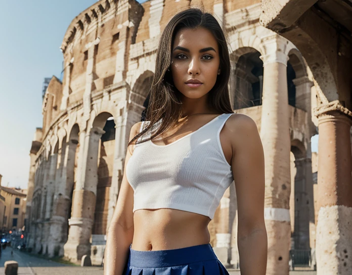 portrait photography, 24-year-old girl with dark hair and brown eyes from Brazil,in a blue simply skirt and a white CK top in front of the Colosseo,in Rome ,Natural dark skin tone, Not perfect skin, Without cosmetics,