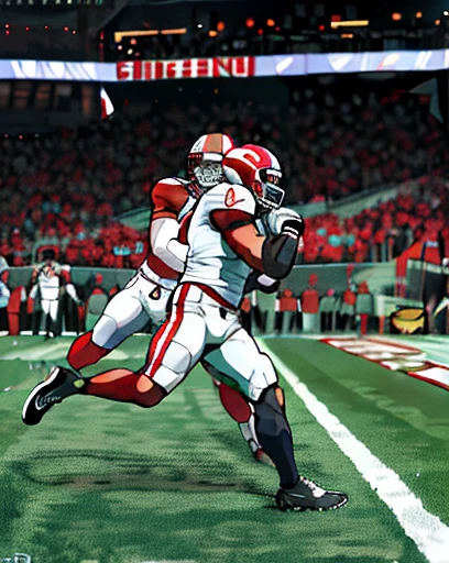 arafed football player running with the ball in his hands, crimson tide, wide angle dynamic action shot, badass composition, award winning shot, 🕹️ 😎 🔫 🤖 🚬, alexis franklin, 3 / 4 wide shot, 2022 picture of the year, 2 0 2 2 picture of the year, crimson themed, photo from a spectator