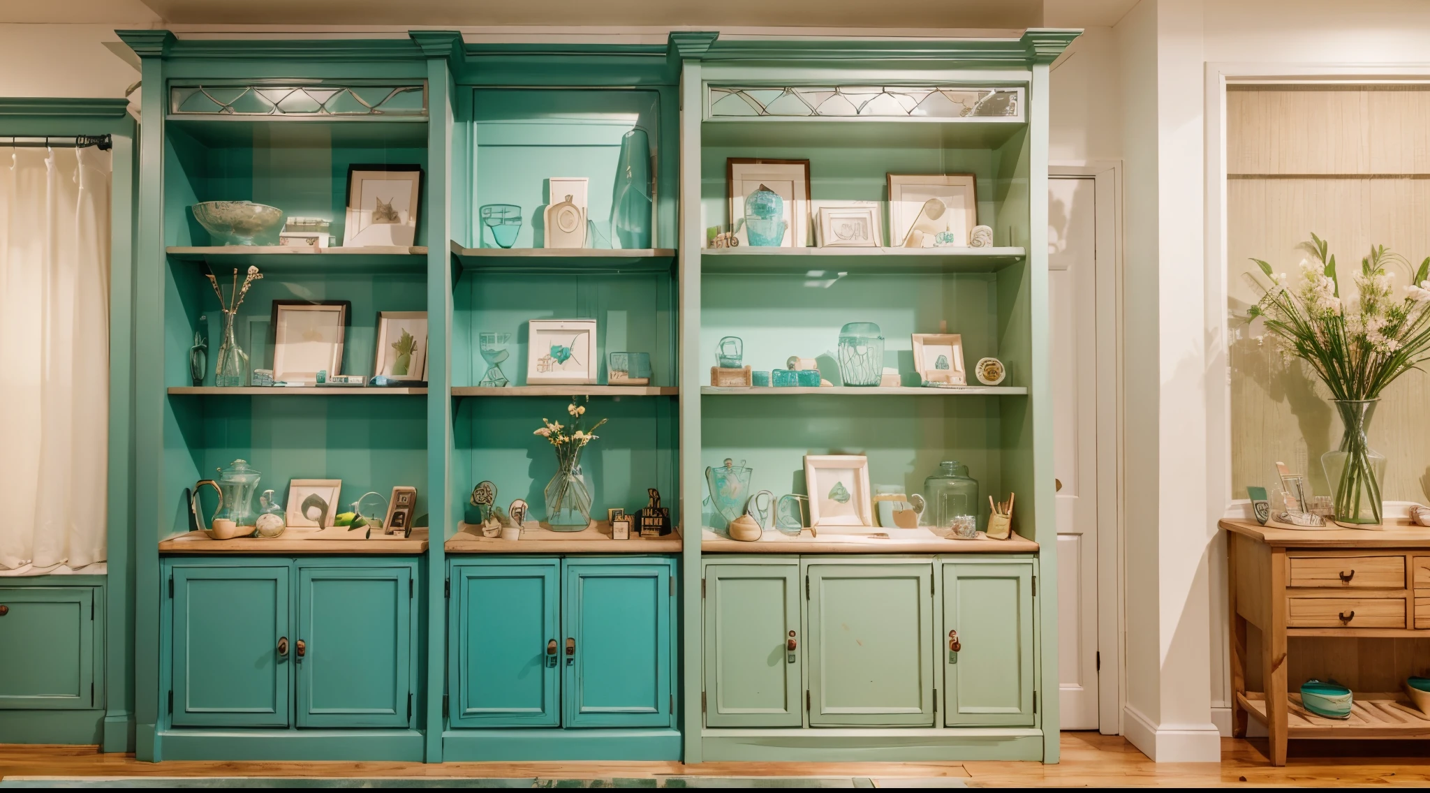 shop window for home and interior goods. vases, PICTURES, trinkets stand on the shelves. Colors dark green, turquoise, beige, Pastel. cartoonish style