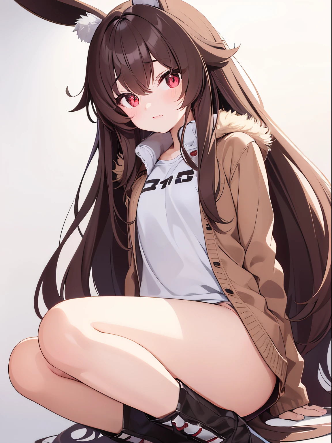 Cute anime girl, (13 years old), long brown hair, red eyes, bunny ears, wearing a very short white thin undershirt, wearing an open brown jacket on top with a fluffy collar, wearing furry boots, fluffy fox tail, slight nsfw, loose clothes