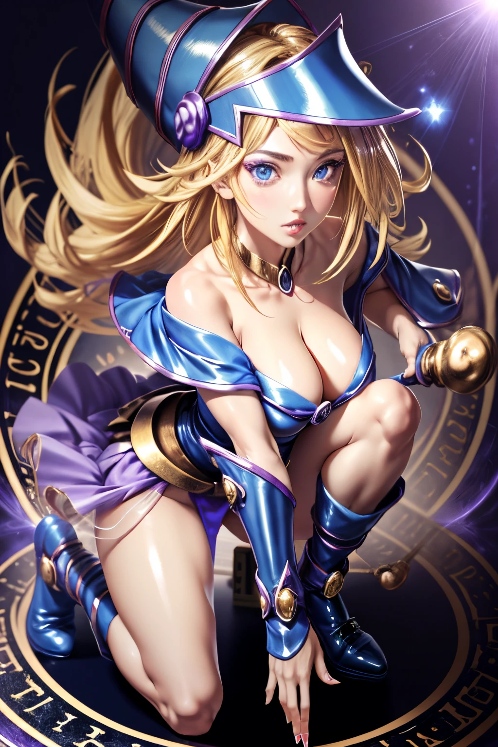 ultra-detailed, extremely detailed, masterpiece, highest quality, best quality, absurdres, highres, dark magician girl, (1girl:1.2), solo, detailed face, dynamic pose, hair flow, (full body:1.1), blonde hair, long hair, looking at viewer, green eyes, skindentation, detailed skin, skin pores, (shiny skin, glossy skin:1.1), rosy skin details, breasts, nail polish, skirt, blue footwear, blue headwear, wizard hat, wand, holding hat, (blue panties:0.9), (summoning circle:1.1), hexagram, pentacle, pentagram, yu-gi-oh!, duel monster, purple magic field, glow, detailed background, intricate background,