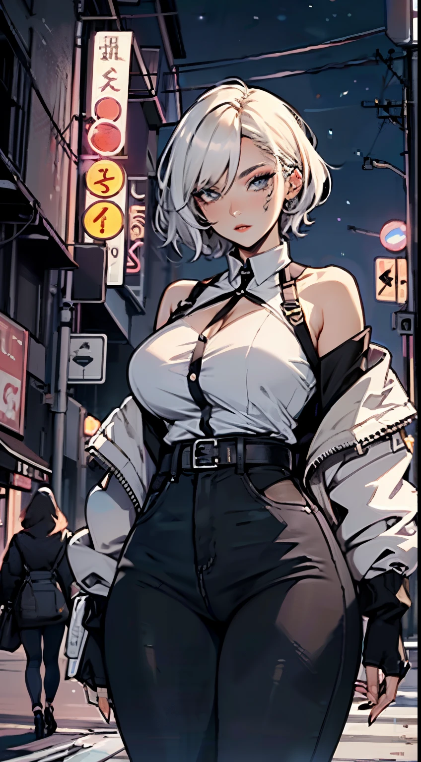 night city , 1 woman , goth woman , tall woman, yellow short hair , blue eyes, makeup , huge breasts , white thin shirt , black off-the-shoulder jacket , wide hips , high waisted short jean pants , long legs wearing black stockings