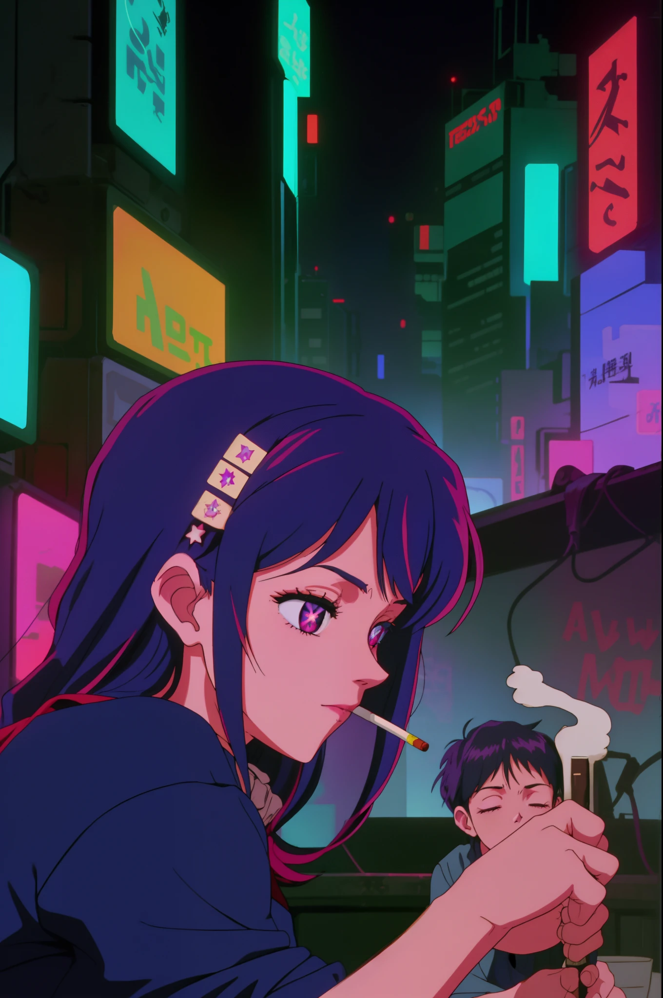 warm neon glow lights citypop JDM scene with a underground tokyo Hoshino Ai, long hair, purple hair, streaked hair ,purple eyes, star-shaped pupils, hair ornament, stoned smoking cig biss blissful passed out in loose causal clothing casual recline in cyberpunk city lofi vibe evangelion anime style