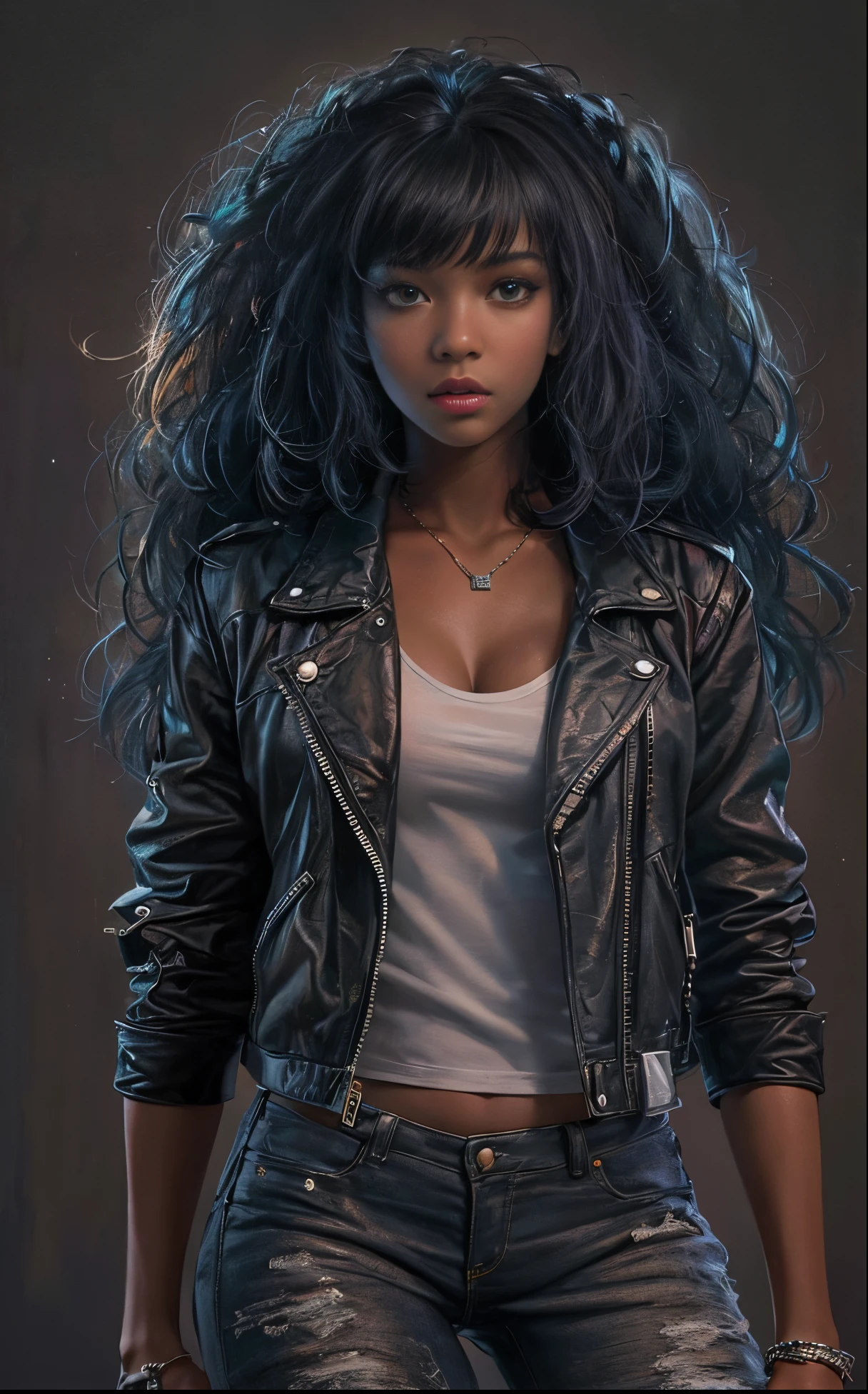 (best quality,8k,ultra-detailed,realistic,hyperrealistic), extremely detailed photo of a (((20 year old))), black girl, (((full body pose))), long black hair with bangs, open leather jacket covering nipples no shirt no bra, black pantyhose, vivid colors
