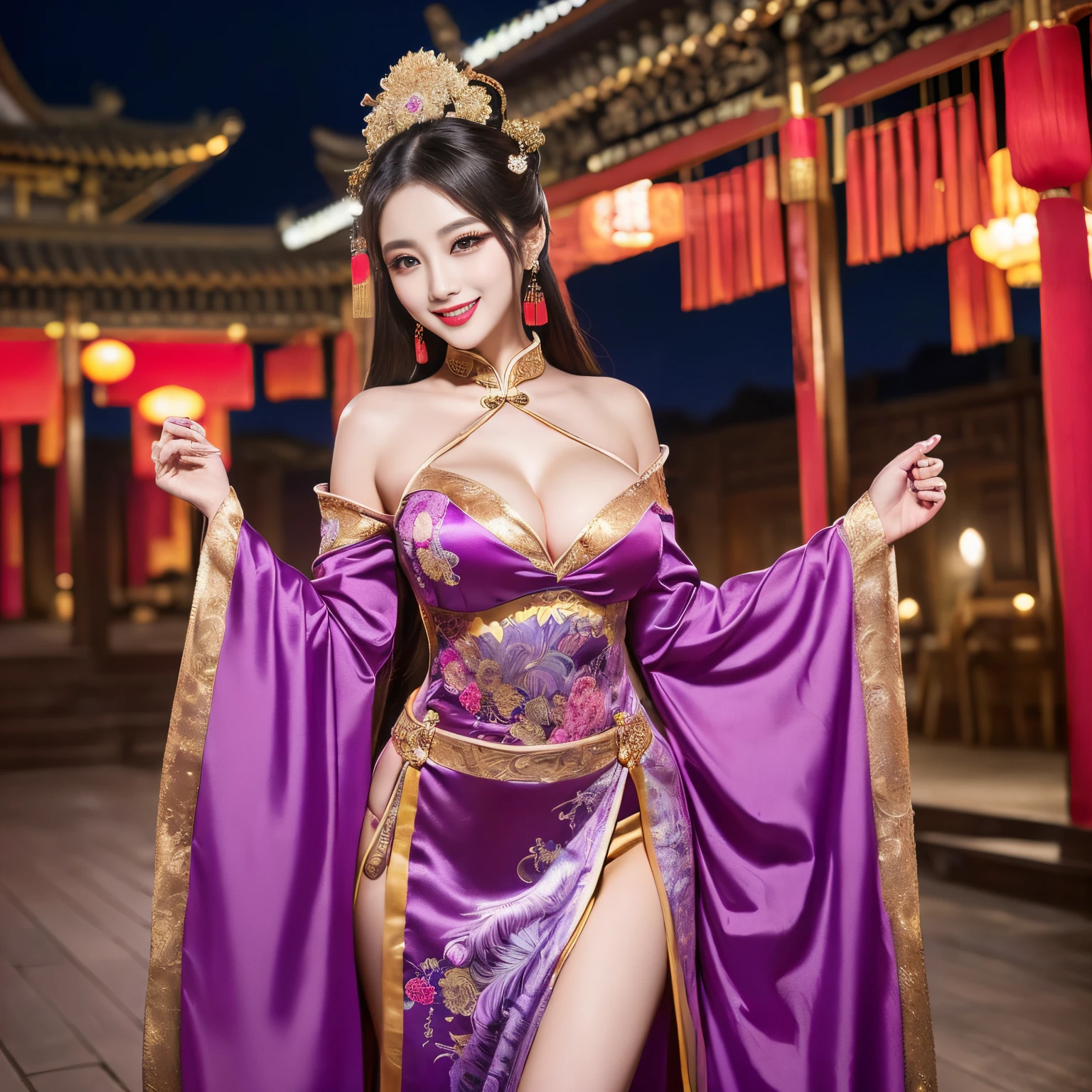 ((top-quality、masutepiece、8K、Top image quality、Highly complex and detailed depictions))、(the most gorgeous chinese goddess:1.5)、Chinese garrison house at night、((The most gorgeous prostitution goddess huge costume、the most vivid and luxurious costumes、big long costume、The most luxurious and huge garrison、An unimaginably luxurious garrison、purple and pink garrison、It is depicted against the background of a huge and luxurious garrison..、Huge Guru House at midnight、Very complex decoration、very clear garrison))、(View me、Bewitching smile、Perfect makeup、long eyelashes、pink lipsticks、Pink eyeshadows、perfect anatomia、Biggest smile)、(A clear background of huge garrisons:1.3)