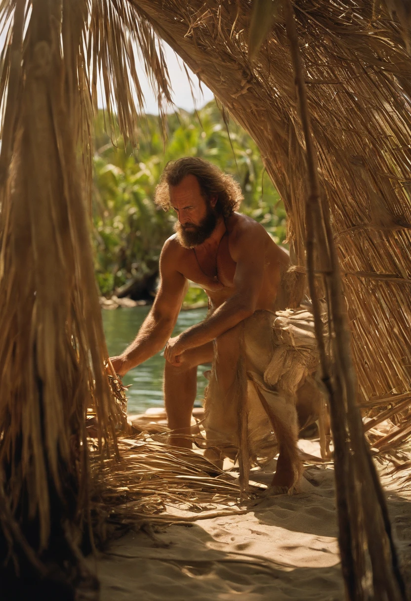 An aerial shot of a makeshift shelter constructed from natural materials on the deserted island.,Cast Away (film),Chuck Noland, portrayed by Tom Hanks in the film “Cast Away,” is currently stranded on a deserted island in the Pacific Ocean.  Sunburnt and bearded, with long, unkempt hair, his physical condition reflects the harsh realities of island survival. He has a rugged, weathered look, with tattered clothes and a leaner physique due to the scarcity of food.