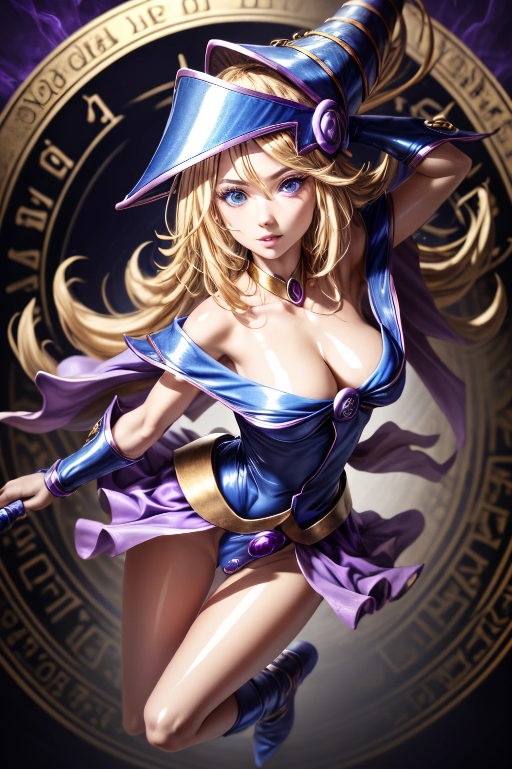 ultra-detailed, extremely detailed, masterpiece, highest quality, best quality, absurdres, highres, dark magician girl, (1girl:1.2), solo, detailed face, dynamic pose, hair flow, (full body:1.1), blonde hair, long hair, looking at viewer, green eyes, skindentation, detailed skin, skin pores, (shiny skin, glossy skin:1.1), rosy skin details, breasts, nail polish, skirt, blue footwear, blue headwear, wizard hat, wand, holding hat, (blue panties:0.9), (summoning circle:1.1), hexagram, pentacle, pentagram, yu-gi-oh!, duel monster, purple magic field, glow, detailed background, intricate background,