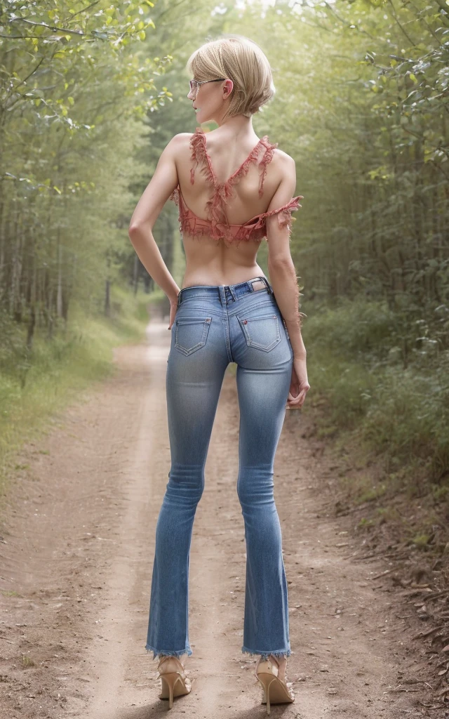 (8K, Masterpiece, RAW photo, ultra HD quality, detail:1.5), (scenary, natural background:1.4), Depth of field, Cinematic light, (ultra realistic face:1.5), ( 1 picture of 1 girl Ekaterina Ackerman:1.7), (solo girl:1.6), (Beautiful and elegant Russian girl), (skinny girl with glasses), (European face:1.3), (natural abs), (complete perfect full body:1.6), (full body including shoes:1.5), (tight minitop:1.5), ([red|gray] miniTop:1.4), (small necklace, collarbone:1.1), ([short hair]:1.5), (ultra detailed skin:1.4), (soft mate fabric:1.3), ([frontal pose|side profile pose|back profile pose]:1.5), (face looking at viewer:1.5), (perfect hands:1.5), (perfect feet:1.5), (perfect anatomy:1.6), (perfect body:1.6), (ultra perfect beautiful face:1.6), (blonde hair:1.4), ([Pixie|Bob|Bangs|Braids|Pigtails] hair:1.5), (perfect standing pose:1.5), (Frayed Hem jeans :1.6)
