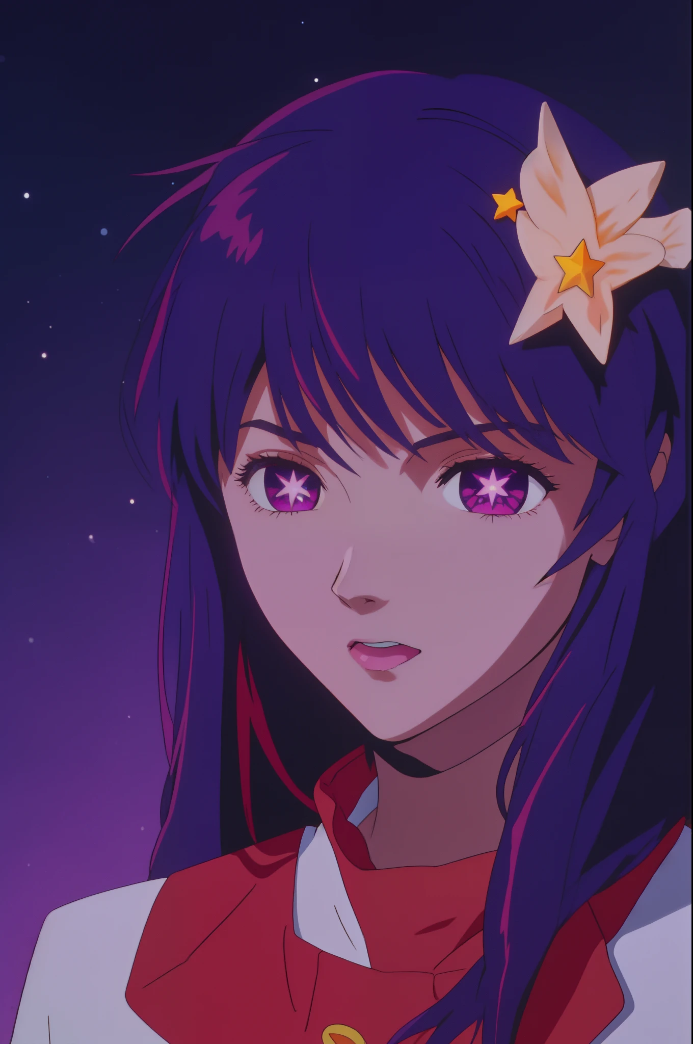 Hoshino Ai, long hair, purple hair, streaked hair ,purple eyes, star-shaped pupils, hair ornament, evangelion anime style