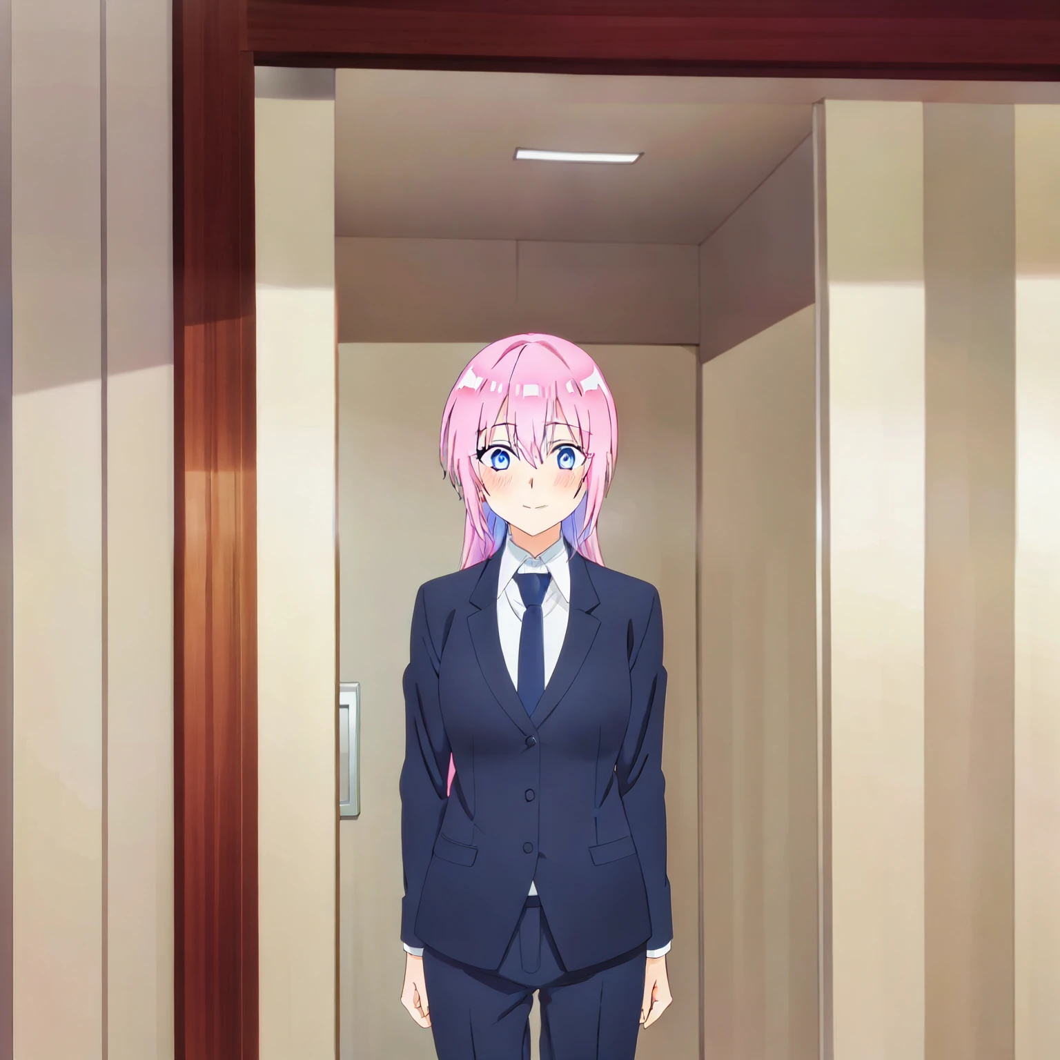 1GIRL , shikimori miyako , shikimori micchan, woman in formal attractive suit tuxedo tailcoat standing in a large alcove in the room, 1girl, solo, necktie, pink hair, blue eyes, long hair, smile, jacket, looking at viewer, shirt, pants, blue necktie, collared shirt, white pants, white shirt, indoors, bangs, long sleeves, closed mouth, window, black jacket, blush, cowboy shot, formal, suit, full sexy body