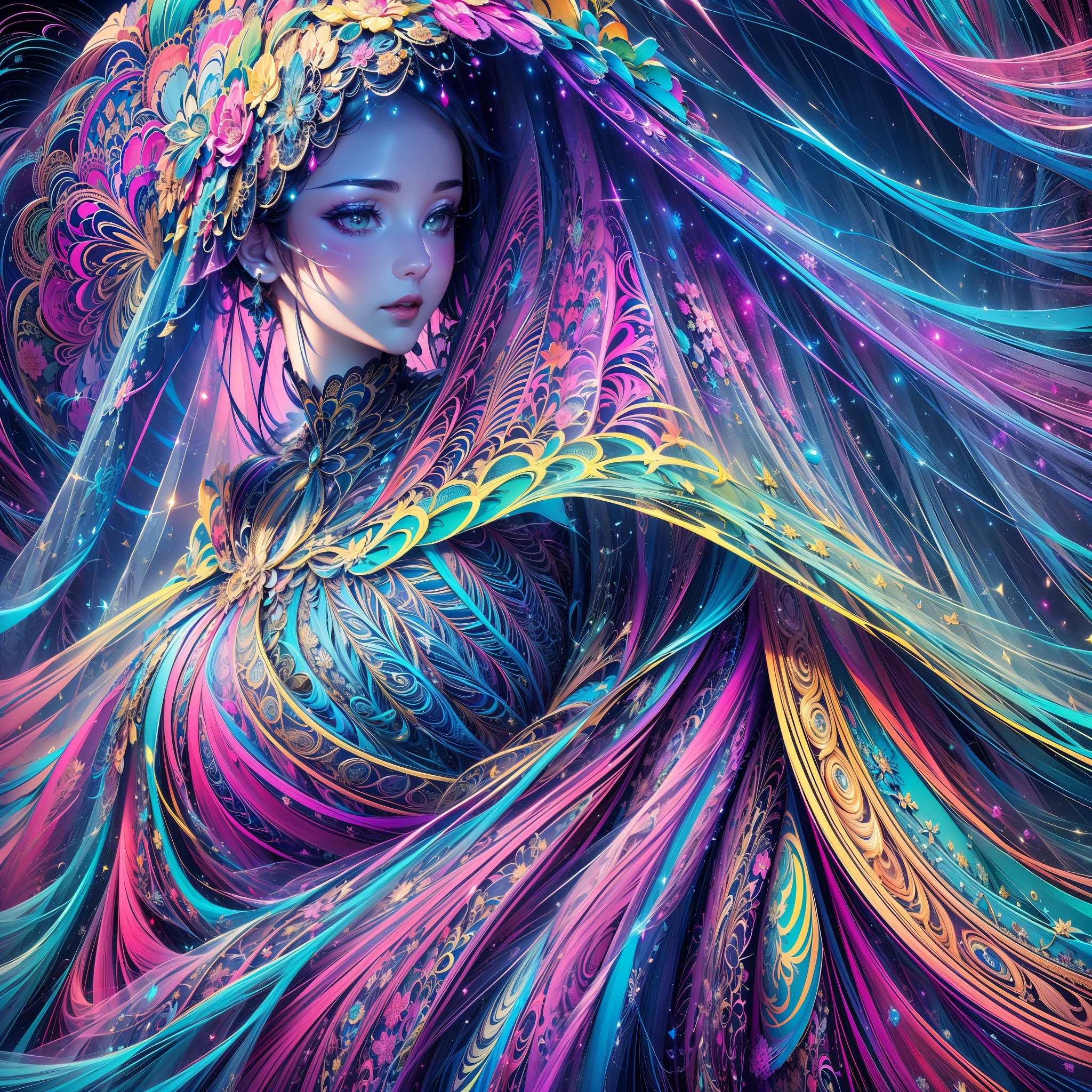 (masterpiece, top quality, best quality, official art, beautiful and aesthetic:1.2), (1girl:1.3), extremely detailed,(fractal art:1.2),colorful,highest detailed,(zentangle:1.2), (dynamic pose), (abstract background:1.5), (treditional dress:1.2), (shiny skin), (many colors:1.4)
1girl,realistic style with fantasy elements,high-definition,realistic blue and light black,charming realistic characters,shiny skin,Surrealism,detailed clothing
(((veil,colorful veil,Veil with light particle effect,glowing,dress))),