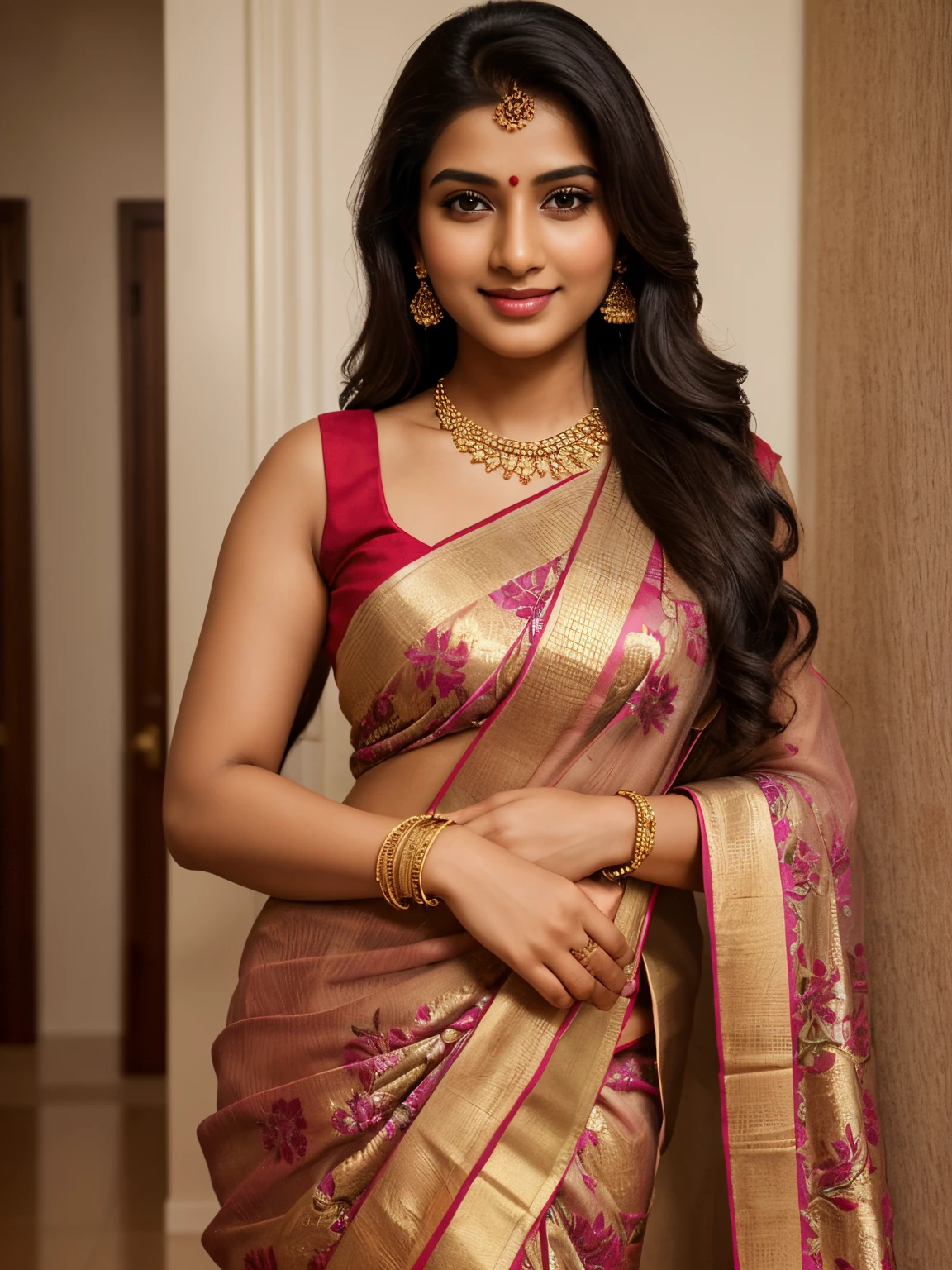 Sure, here is the modified prompt:
Create an ultra-realistic image of a modern, attractive female influencer of Indian descent, aged between 27 to 30. She should have a warm and inviting smile, expressive almond-shaped eyes with a slight shimmer, and clear, glowing skin with a medium brown complexion. Her features should be well-defined, with high cheekbones and a sharp jawline. Her hair should be long, thick, and wavy, with a natural shine and bounce, styled in a classic and elegant updo with a modern twist, and colored in a vibrant, warm red that’s eye-catching and bold. She should have a slender yet athletic build, reflecting a healthy and active lifestyle.
She is wearing professional yet stylish ethnic wear, like a saree or kurta set, which highlights her toned figure. Her bust size is medium (40-42 inches), providing a balanced and proportionate size that fits a variety of body types, offering versatility in fashion. Her outfit is completed with stylish black heeled sandals that add elegance to her look. She accessorizes with subtle yet chic jewelry, such as small hoop earrings and a few thin bangles.
The background should be a modern coworking space with cutting-edge technology, suggesting a contemporary and professional lifestyle. Her overall appearance should exude confidence, approachability, and sophistication, capturing the essence of a contemporary Indian fashion influencer.