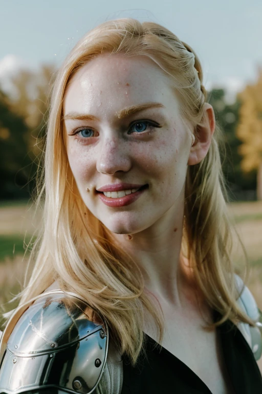 Ultra realistic photography of dbwl woman with many huge beauty marks on her natural pale white skin  ,    (medium shot:.1) ,  (full body portrait:1.4), 
 (SFW),  (((chrome armor))) , dressed, upper arms,   ((in frame)),

 ((fighting stance)),  natural (  pale light blonde eyelashes) , blue eyes, ponytail hairstyle,
 detailed Natural pale white skin  with (many huge round beauty marks) , smile, light pale blonde eyebrows,
 happy, clean cheeks,
detailed, natural light blonde,  outdoors, sunny, high resolution, photograph, RAW photo, [[sexy]]