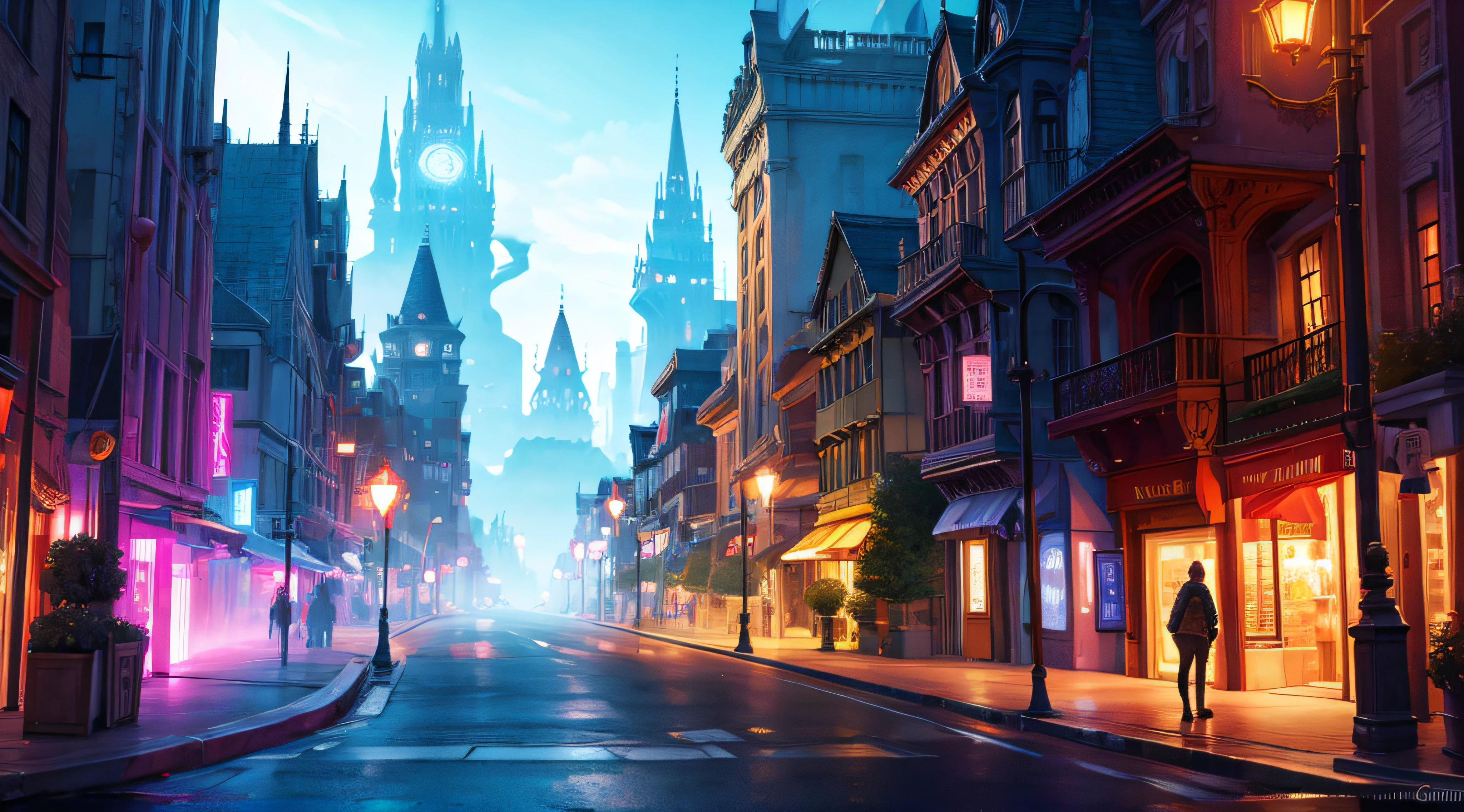 fantasy magic city street, mystic, sci-fi magic, early morning