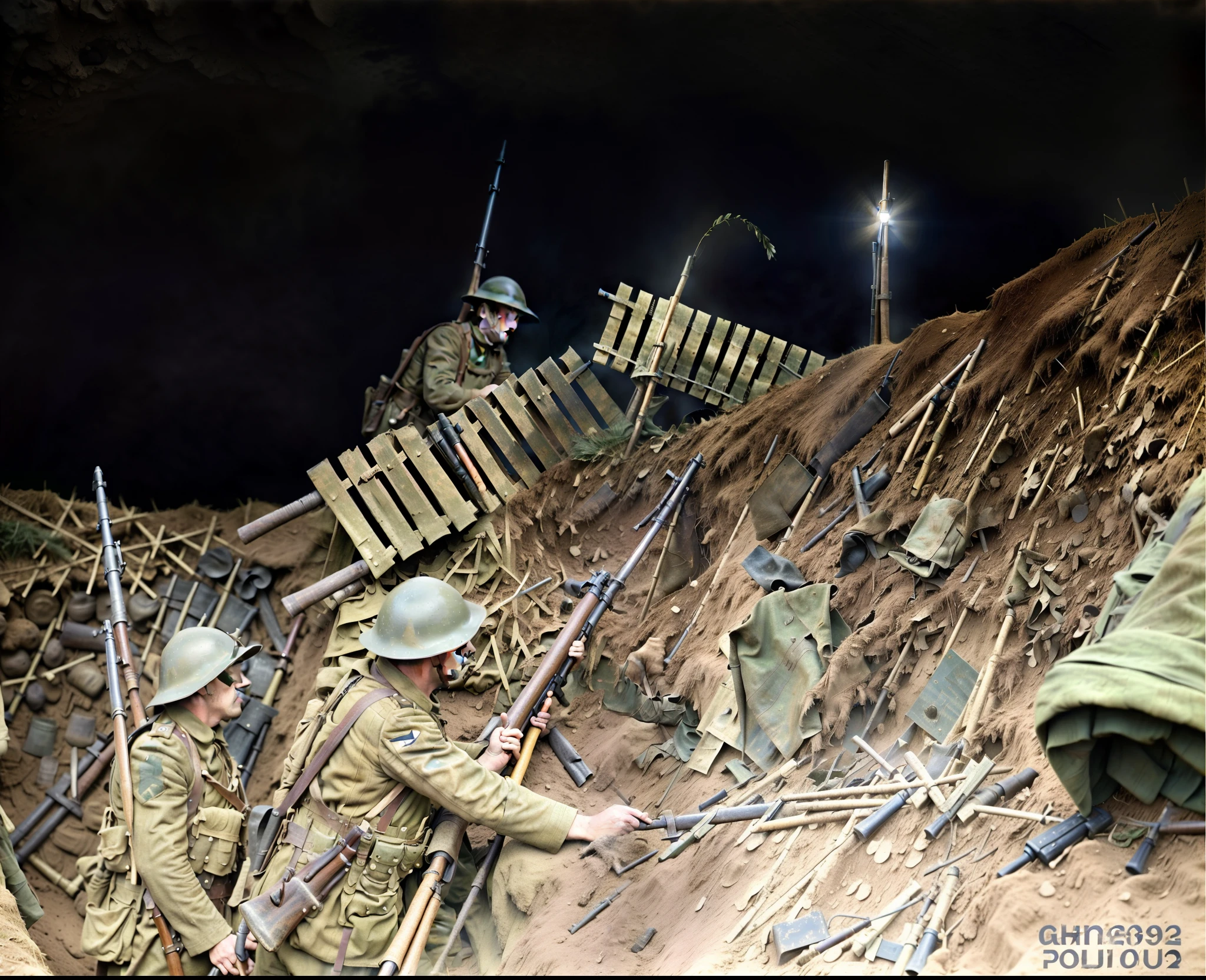 there are two men in the trench with their weapons, ww1 trench, colourised, colourized, trench warfare, trenches bombs, award winning colorized photo, trenches, ww1 photo, colorized, ww1, ww 1, in trenches, colorized photograph, ww1 film photo, colorized photo, a colorized photo, colorized 1 9 0 4 photo, wwi