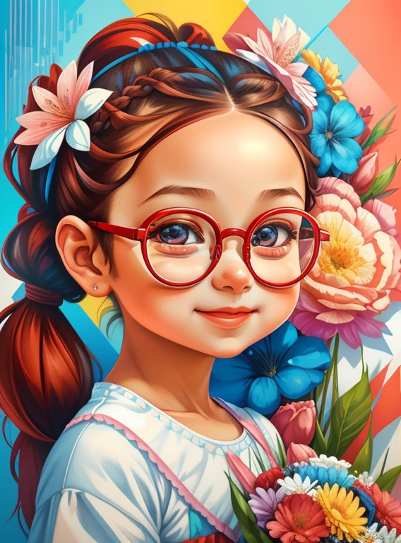 ((|) (cute baby girl with ponytails smiling with glasses and flowers) stylized identical to 1940 |)), acolchoamento ,multidimensional geometric wall PORTRAIT, arte, Chibi,
Yang016K, lindo,(( Predominant red color, blue and white))
Primary works, qualidade superior, melhor qualidade, Arte Oficial, Beautiful and Aesthetic,), Eduardo Kobra acolchoamento ,multidimensional geometric wall PORTRAIT, arte, Chibo,detalhes