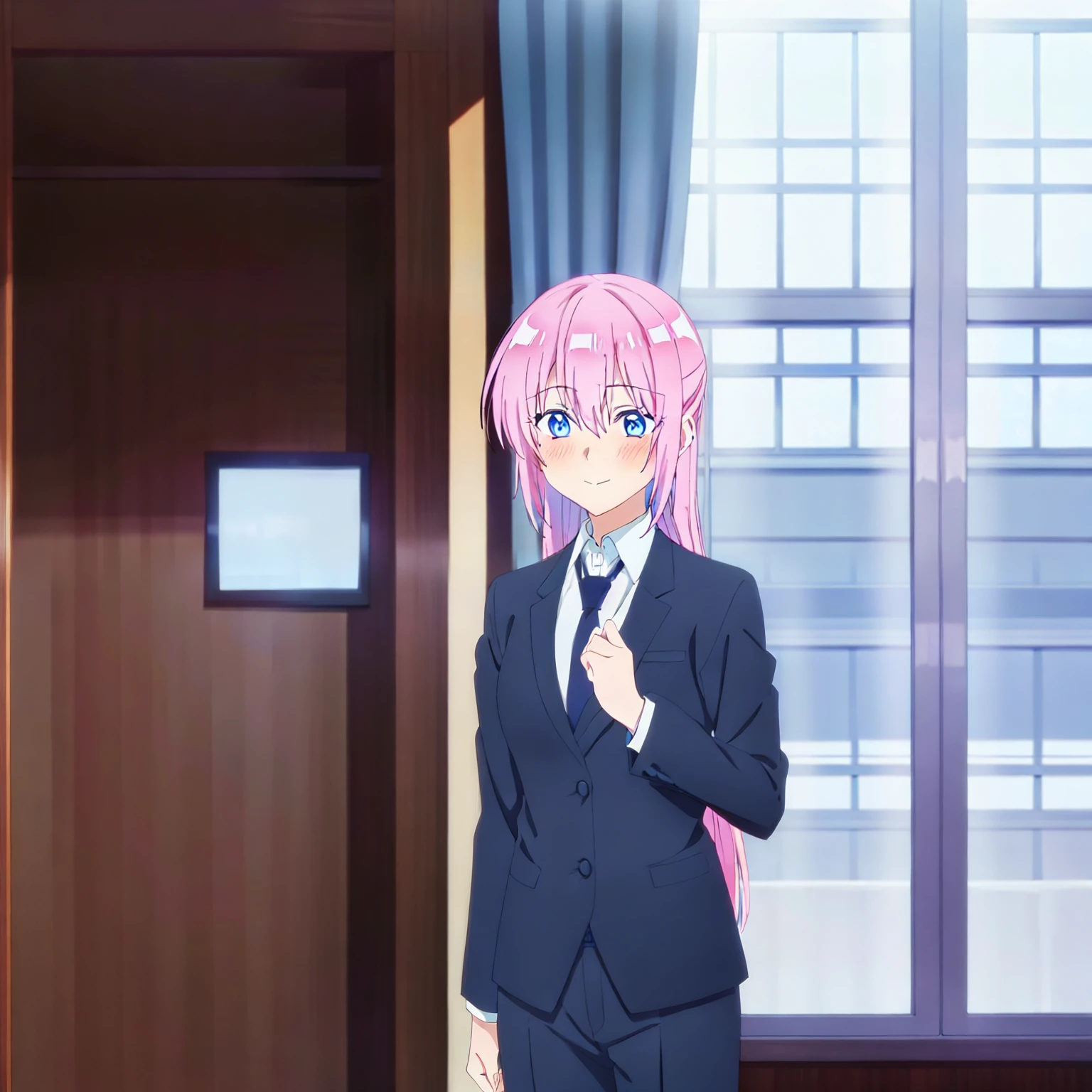 1GIRL , shikimori miyako , shikimori micchan, woman in formal attractive suit tuxedo tailcoat standing in a large alcove in the room, 1girl, solo, necktie, pink hair, blue eyes, long hair, smile, jacket, looking at viewer, shirt, pants, blue necktie, collared shirt, white pants, white shirt, indoors, bangs, long sleeves, closed mouth, window, black jacket, blush, cowboy shot, formal, suit