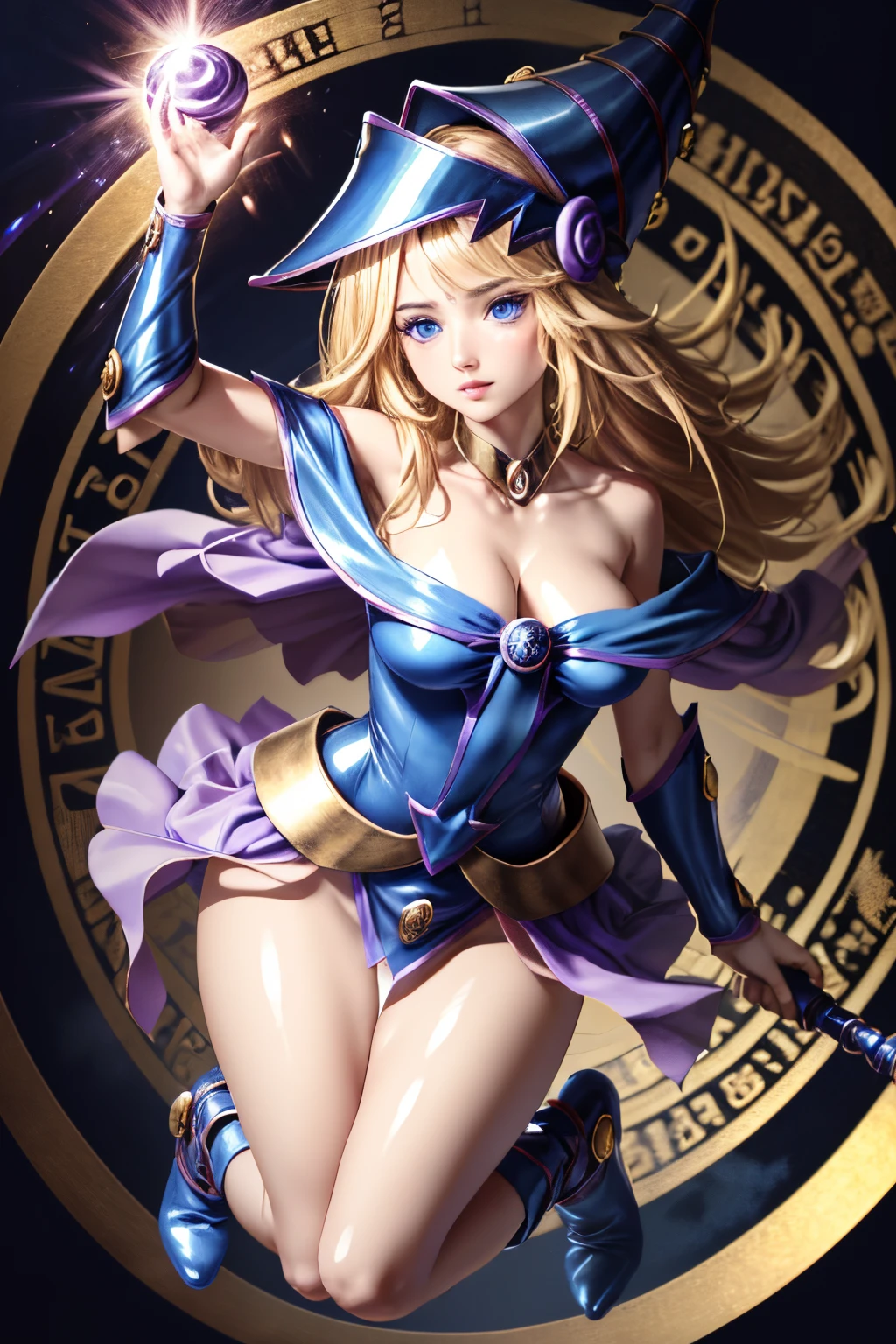 ultra-detailed, extremely detailed, masterpiece, highest quality, best quality, absurdres, highres, dark magician girl, (1girl:1.2), solo, detailed face, dynamic pose, hair flow, (full body:1.1),  blonde hair, long hair, looking at viewer, green eyes, skindentation, detailed skin, skin pores, (shiny skin, glossy skin:1.1), rosy skin details, breasts, nail polish, skirt, blue footwear, blue headwear, wizard hat, wand, holding hat, (blue panties:0.9), (summoning circle:1.1), hexagram, pentacle, pentagram, yu-gi-oh!, duel monster, purple magic field, glow, detailed background, intricate background,