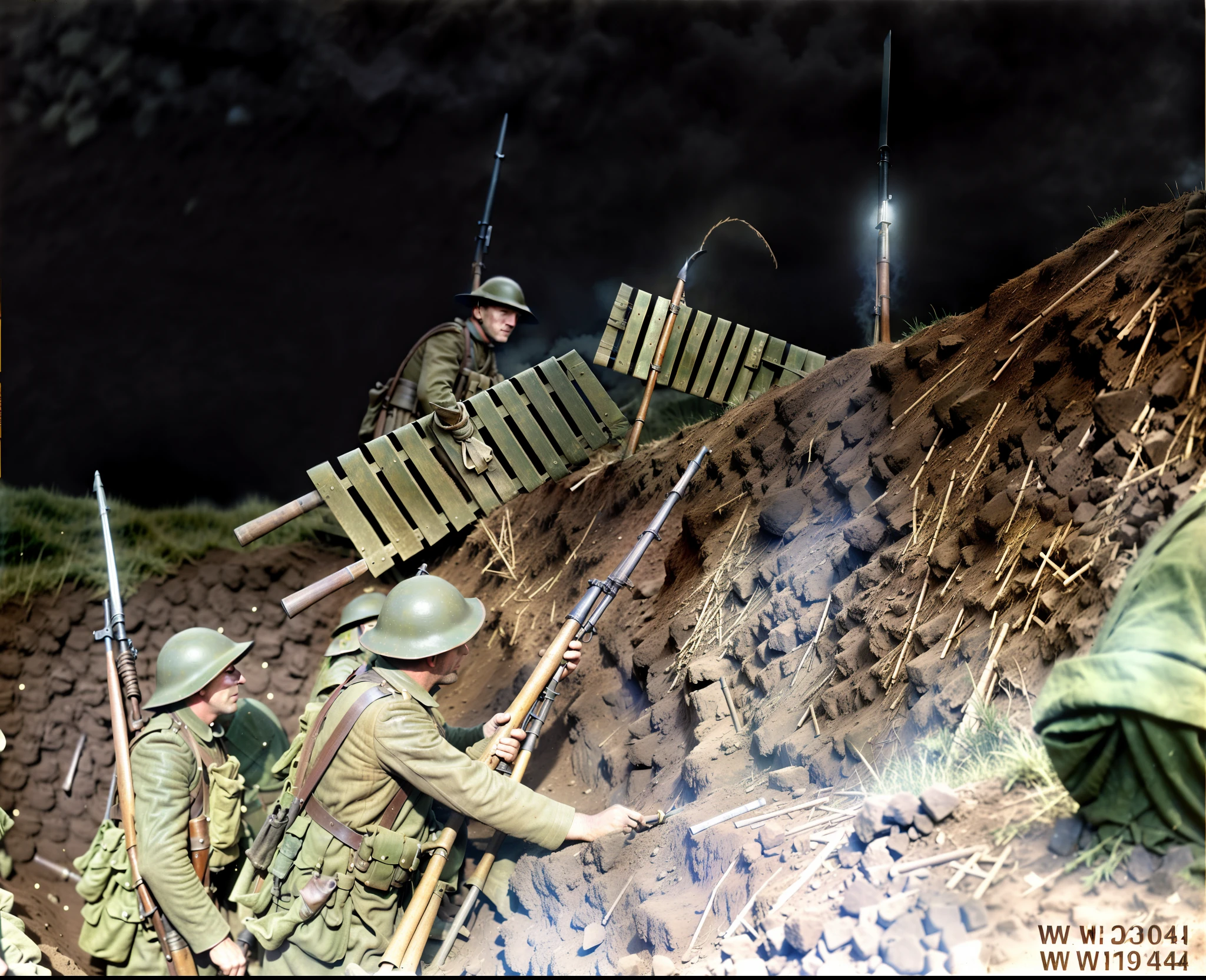 there are two men in the trench with their weapons, ww1 trench, colourised, colourized, trench warfare, trenches bombs, award winning colorized photo, trenches, ww1 photo, colorized, ww1, ww 1, in trenches, colorized photograph, ww1 film photo, colorized photo, a colorized photo, colorized 1 9 0 4 photo, wwi