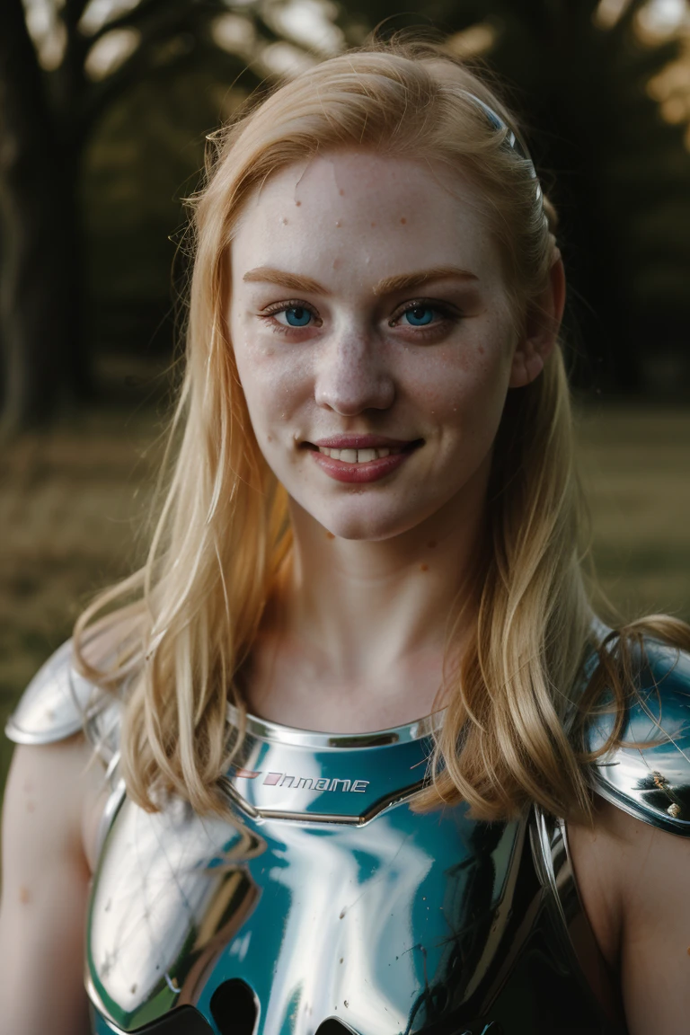Ultra realistic photography of dbwl woman with many huge beauty marks on her natural pale white skin  ,    (medium shot:.1) ,  (full body portrait:1.5), 
 (SFW),  (((chrome armor))) , dressed, upper arms,   ((in frame)),

 ((fighting stance)),  natural (  pale light blonde eyelashes) , blue eyes, ponytail hairstyle,
 detailed Natural pale white skin  with (many huge round beauty marks) , smile, light pale blonde eyebrows,
 happy, clean cheeks,
detailed, natural light blonde,  outdoors, sunny, high resolution, photograph, RAW photo, [[sexy]]