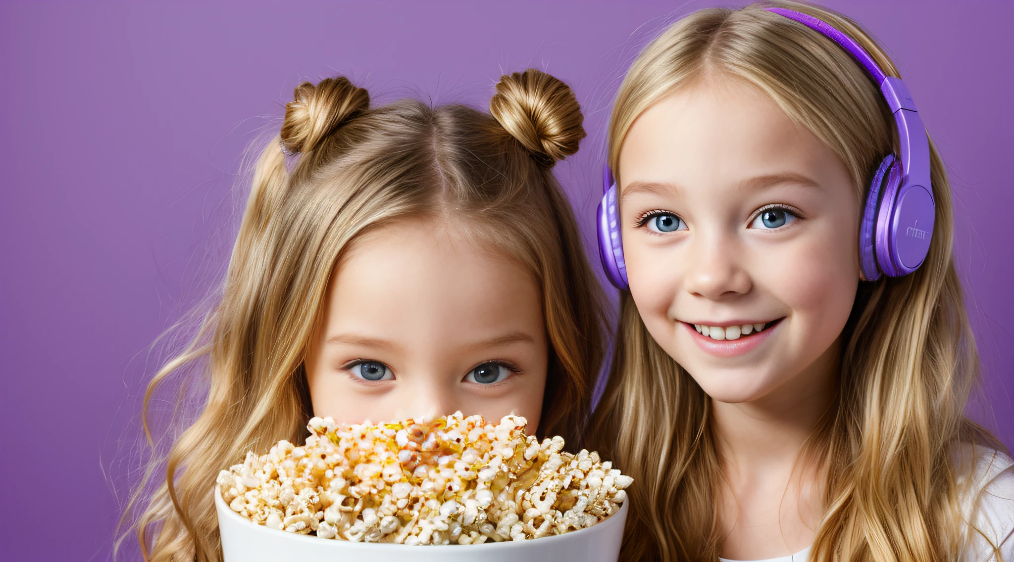 pipoca , CHILD GIRL BLONDE LONG HAIR, Headphone, fundo roxo,