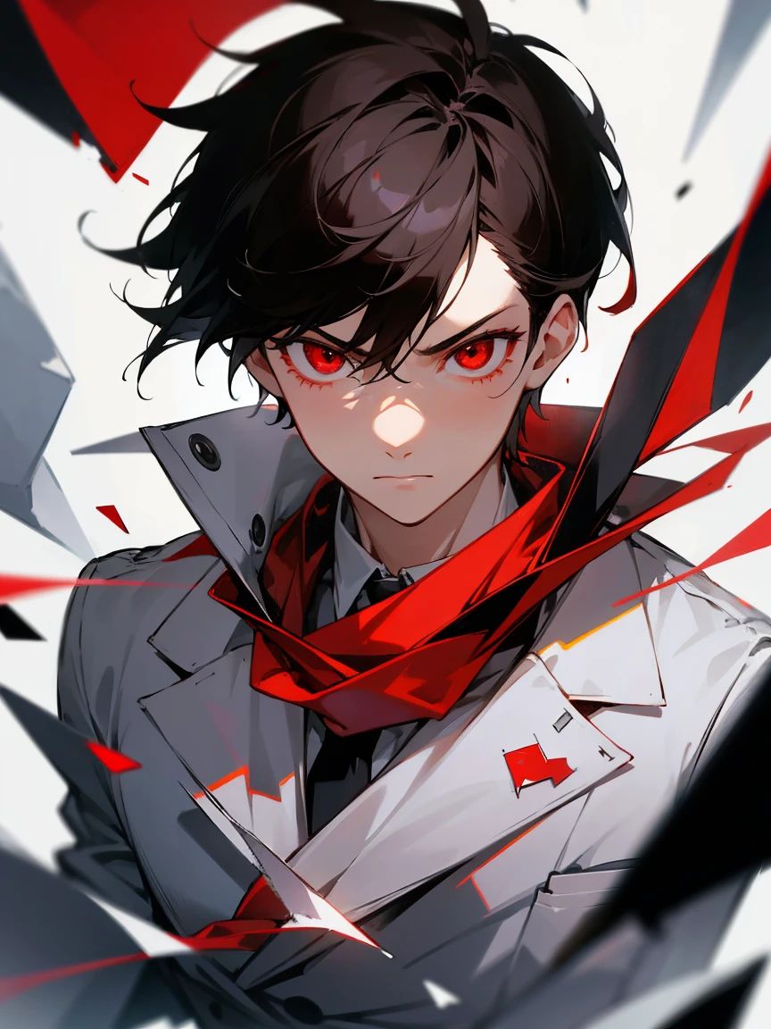 1 boy, with short black hair, red eyes, in white jacket, Tie a red ribbon as a scarf, Serious, surrounded by broken glass, Close-up of face captured by camera, looking at viewert, Ridiculous resources, A high resolution, Super sharp, 8K, tmasterpiece