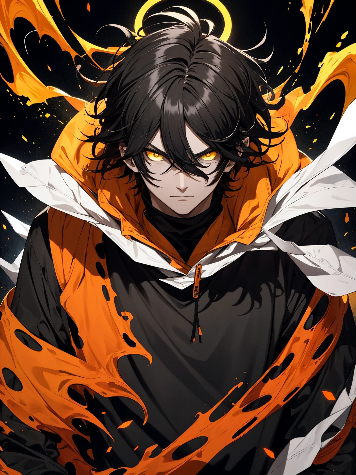 man with messy hair, Colors are black and orange, Dressed in the clothes of a scientist, yellow eyes, holding a black hole, Black hole halo, evil look