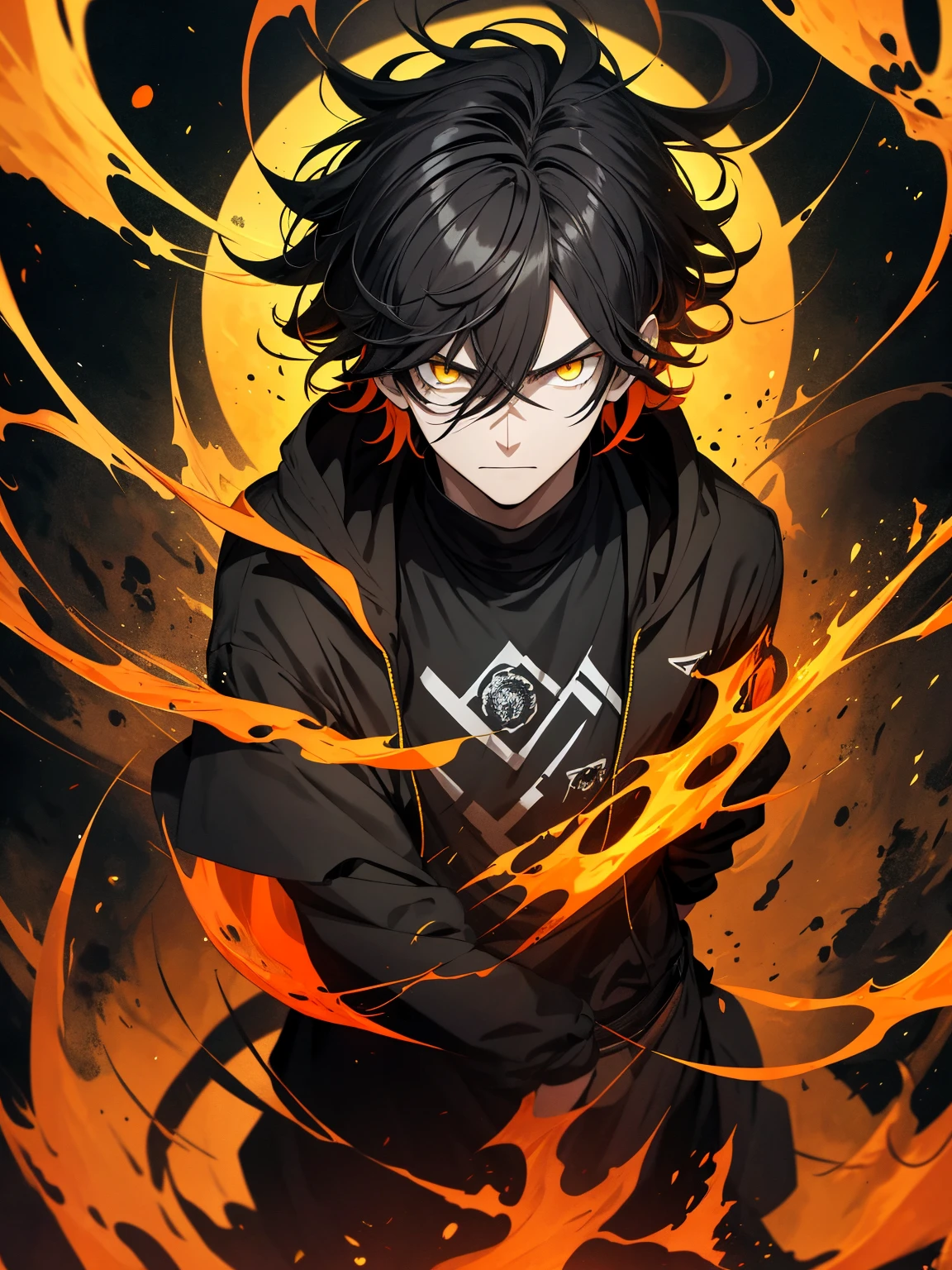 man with messy hair, Colors are black and orange, Dressed in the clothes of a scientist, yellow eyes, holding a black hole, Black hole halo, evil look