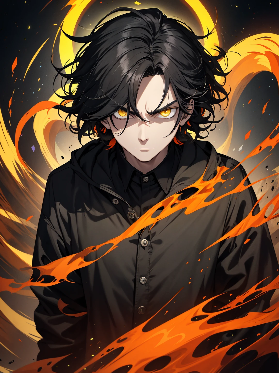 man with messy hair, Colors are black and orange, Dressed in the clothes of a scientist, yellow eyes, holding a black hole, Black hole halo, evil look